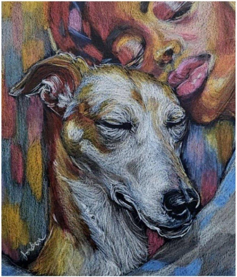 Signiertes Original-Kunstporträt, afroamerikanische Frau mit Windhund (21. Jahrhundert und zeitgenössisch) im Angebot