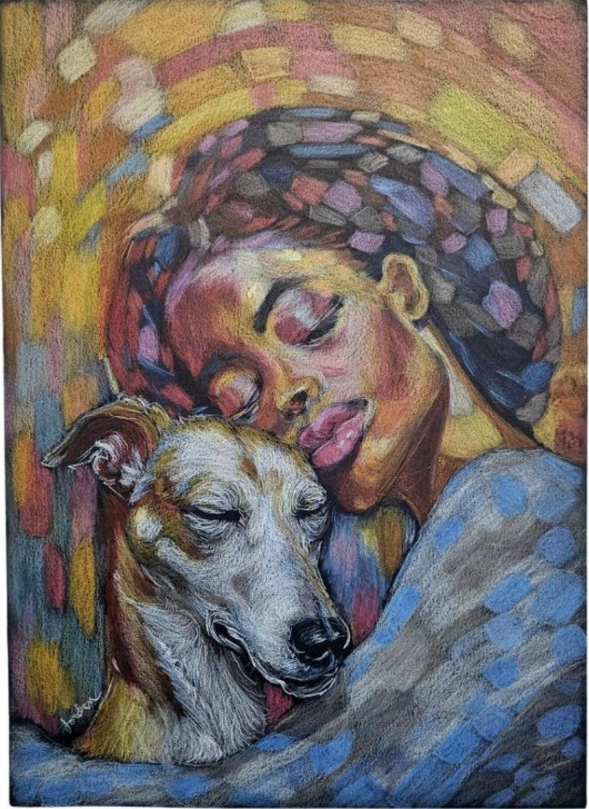 Signiertes Original-Kunstporträt, afroamerikanische Frau mit Windhund im Angebot 1