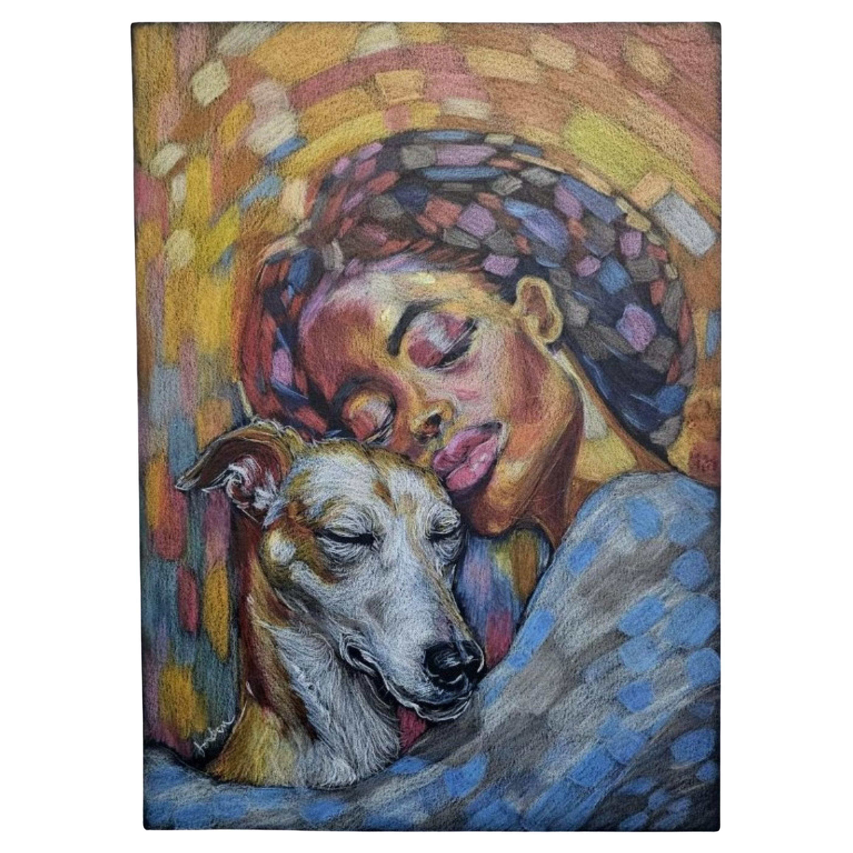 Signiertes Original-Kunstporträt, afroamerikanische Frau mit Windhund
