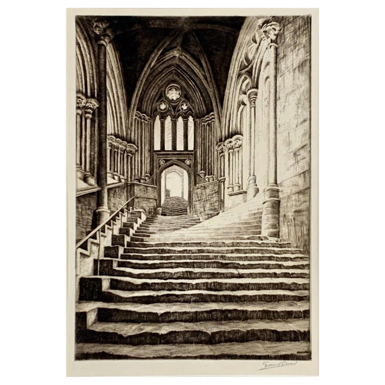 Signed Original Drypoint Etching Chapter House Steps Wells England at