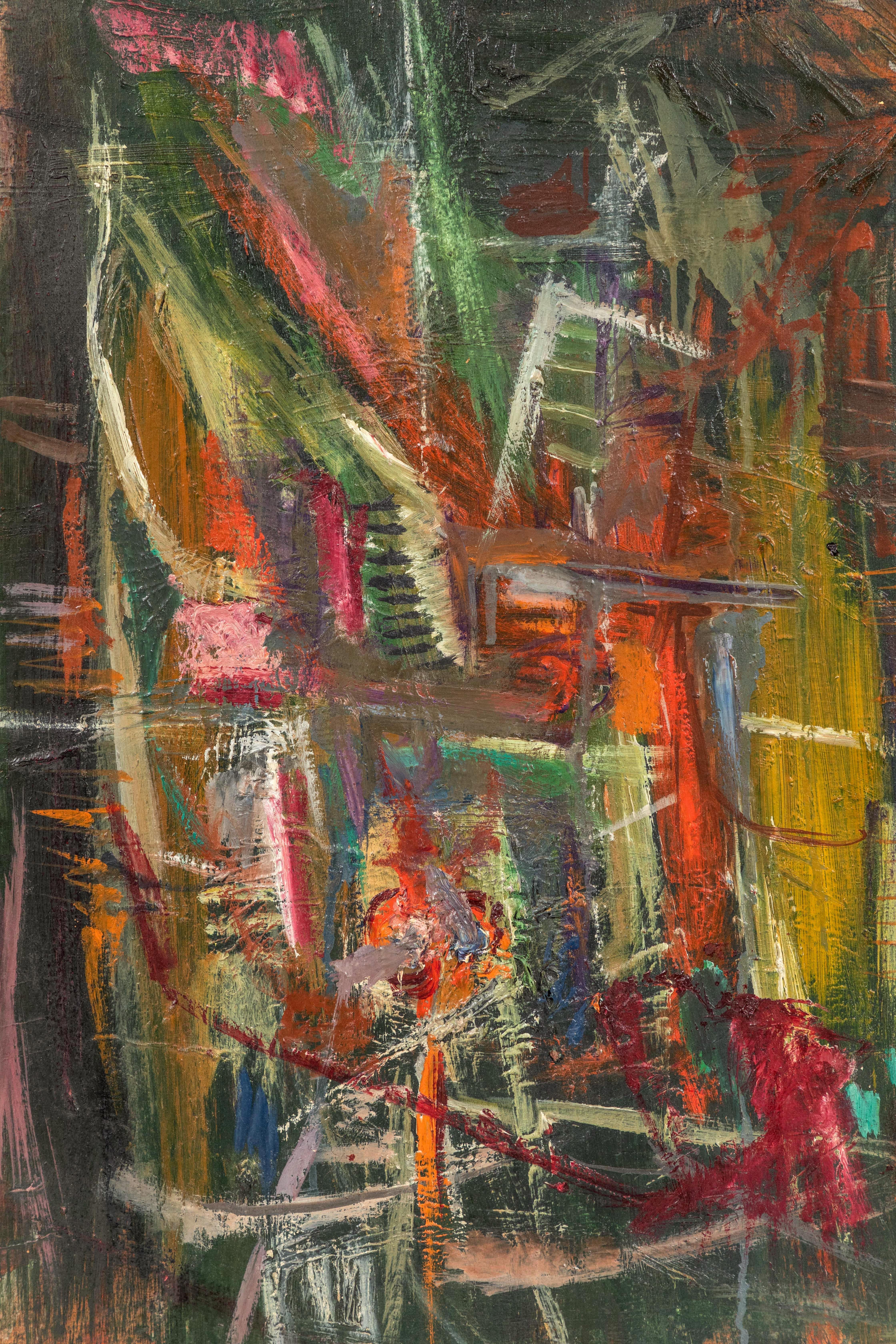Midcentury, oil-on-board abstract painting by listed Florentine artist, Riccardo Guarnieri (b. 1933). Signed and dated 1958-1959 on the lower right. Titled and inscribed on the reverse: 