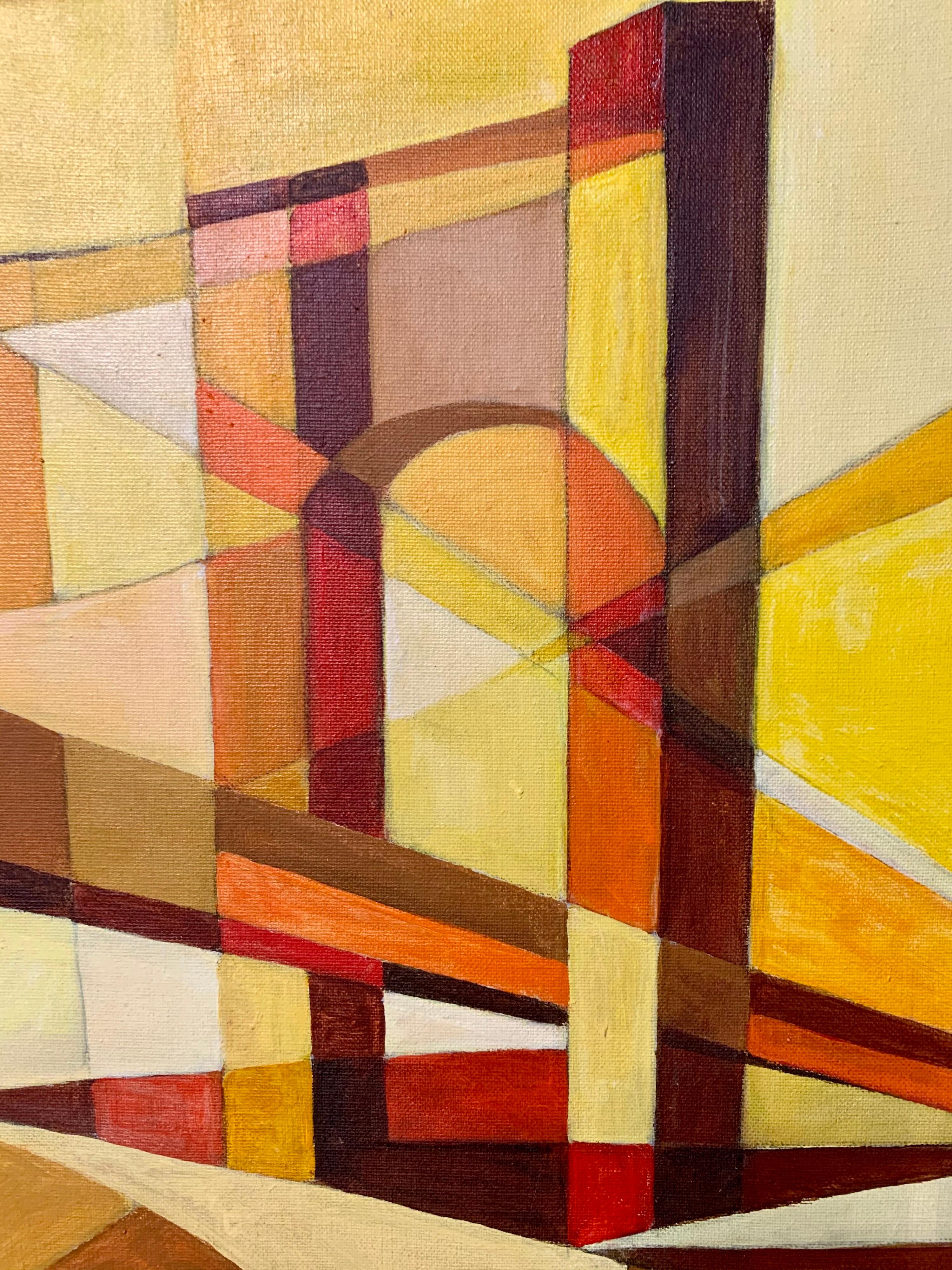 Original midcentury painting of the Brooklyn Bridge utilizing geometric shapes and bright colors of orange, brown and yellow. Signed lower right, B. Farian.