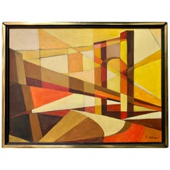 Signed Original Midcentury Abstract Geometric Painting of Brooklyn Bridge