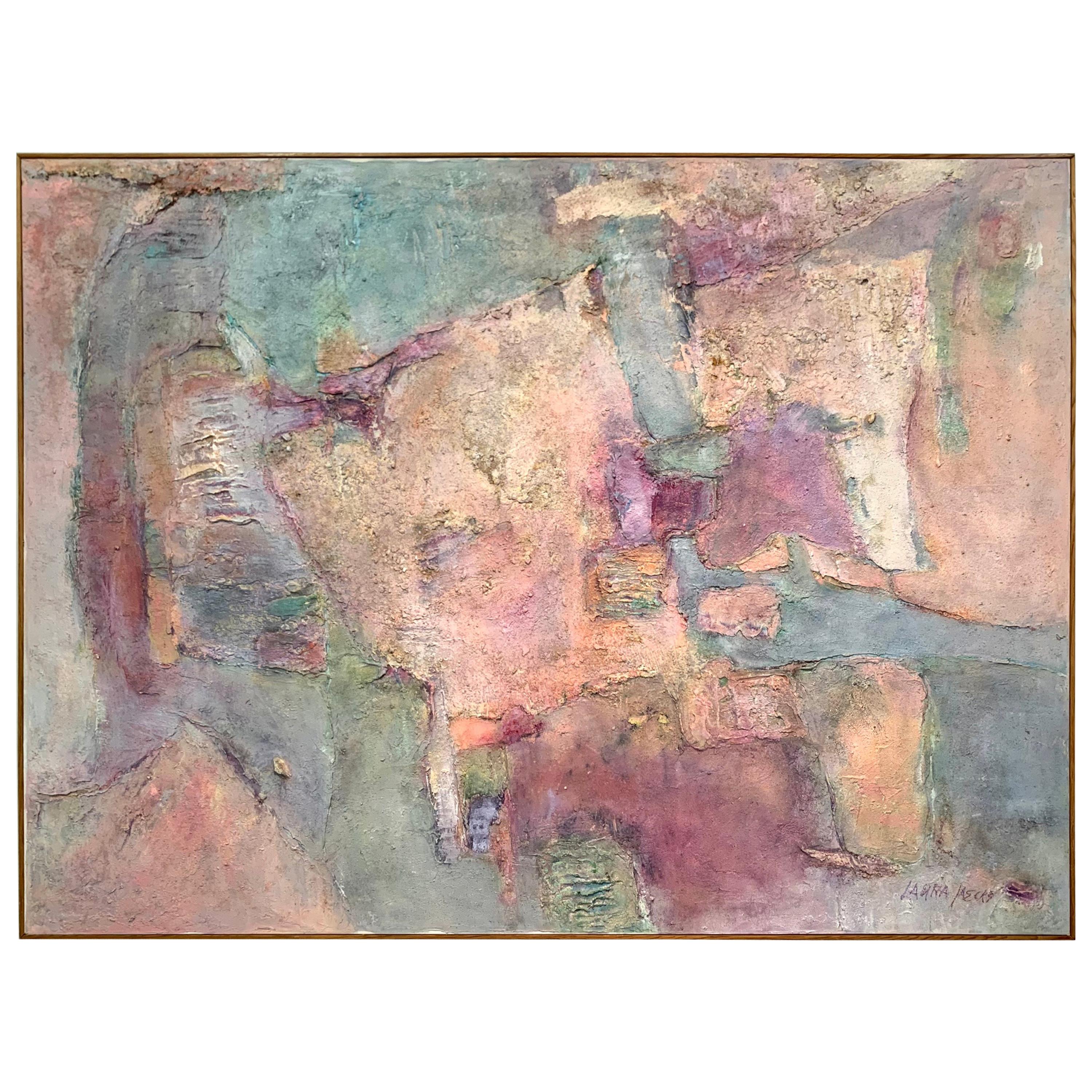 Signed Original Midcentury Large Abstract Painting in Pinks and Purples