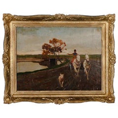 Antique Signed Original Oil on Canvas Painting, Horse and Buggy with Dog, circa 1930