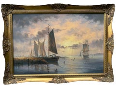 Signed Original Seascape Marine Oil Painting with Tall Ships and Coastal Light