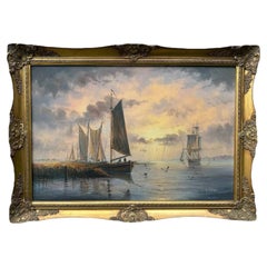 Signed Original Seascape Marine Oil Painting with Tall Ships and Coastal Light