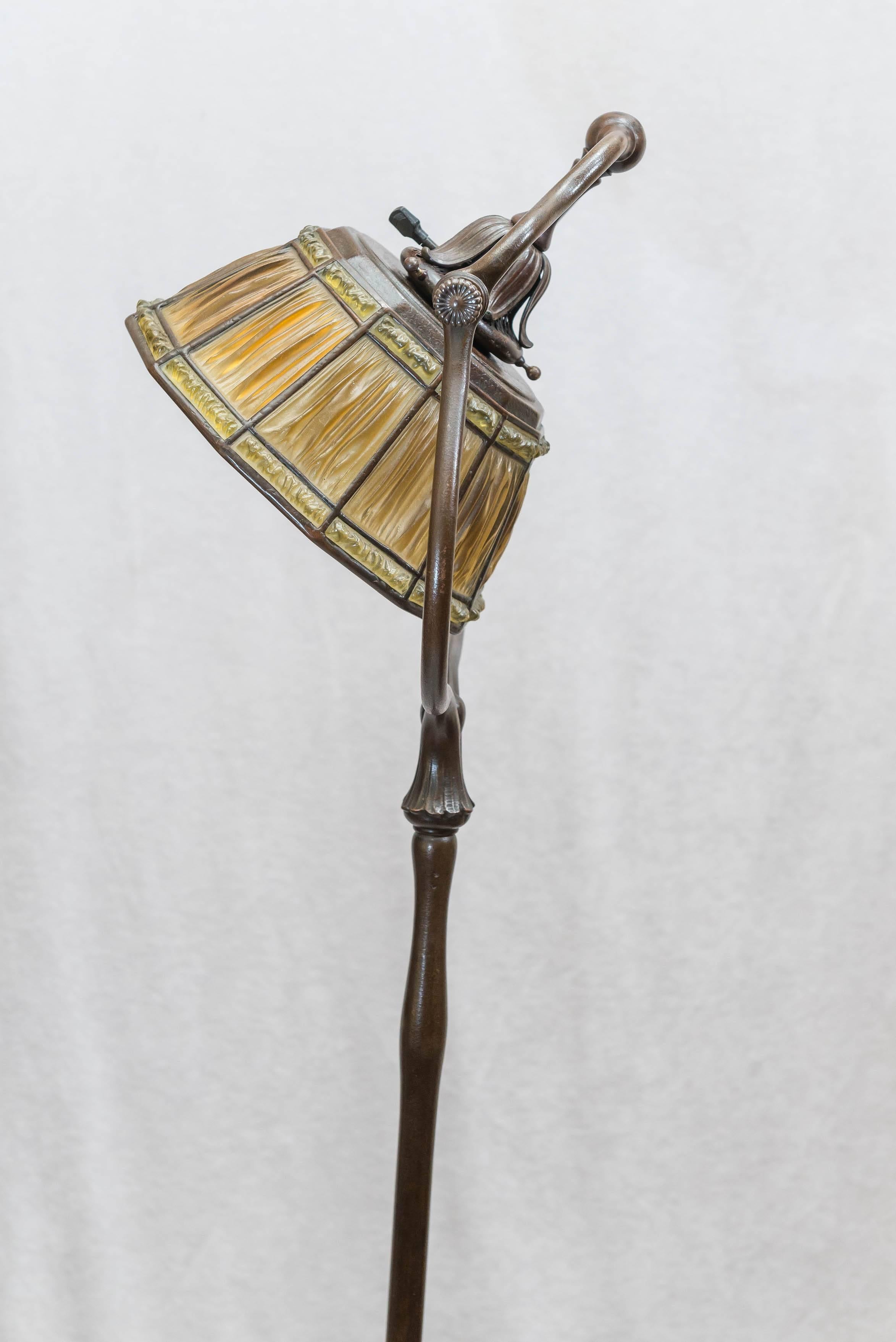 Signed Original Tiffany Studios Harp Style Floor Lamp with Linenfold Shade 4