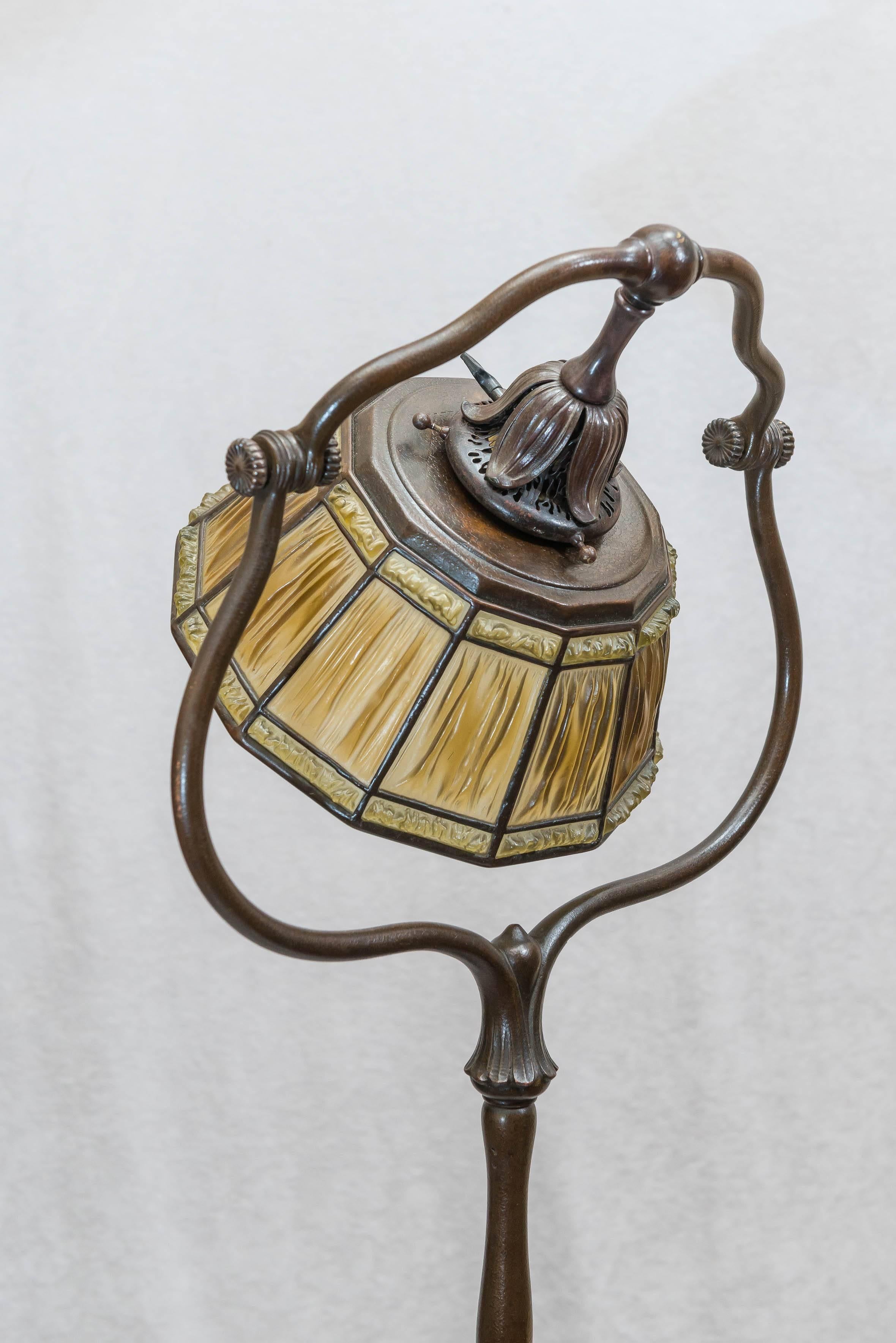 Signed Original Tiffany Studios Harp Style Floor Lamp with Linenfold Shade 5