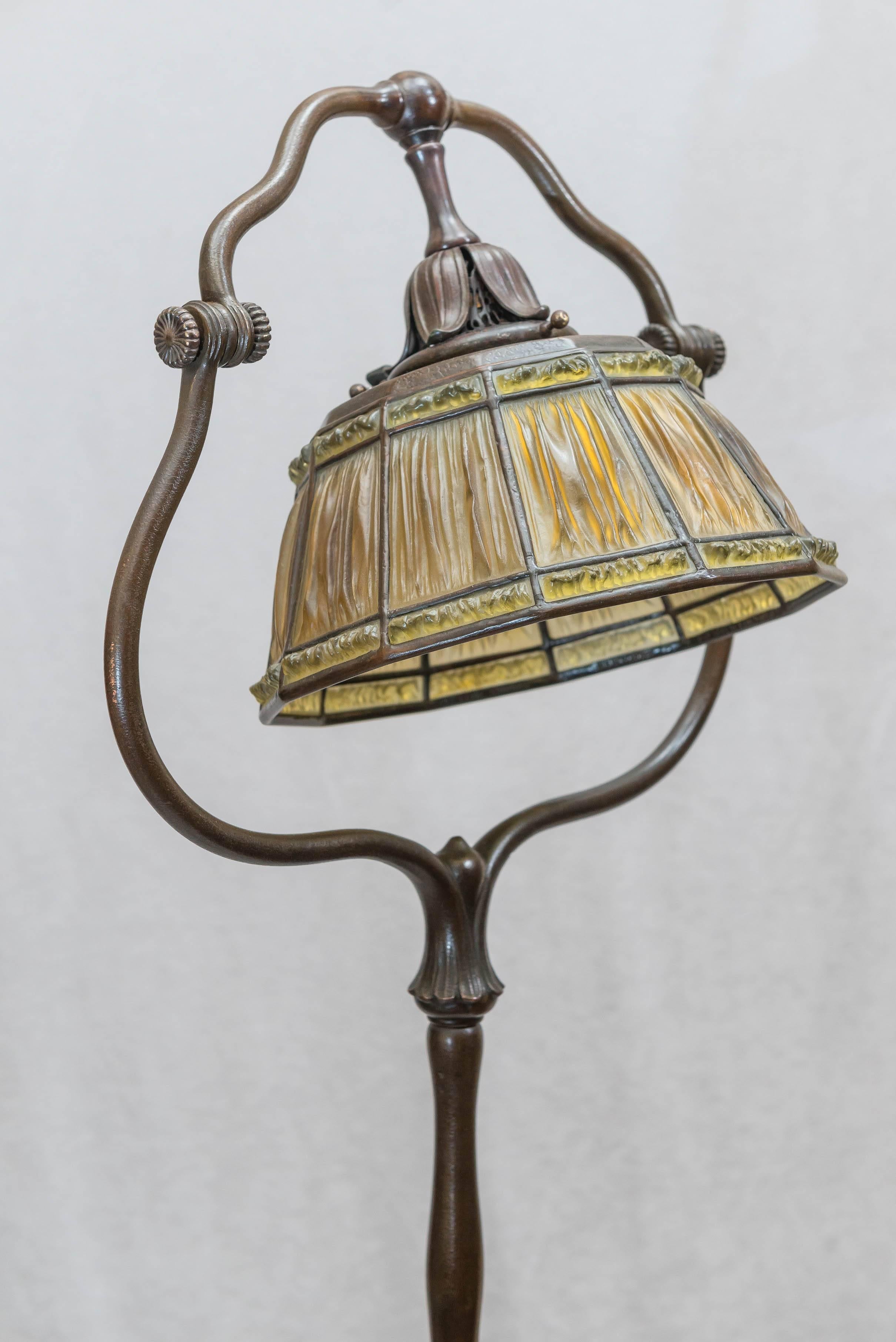 Signed Original Tiffany Studios Harp Style Floor Lamp with Linenfold Shade 6