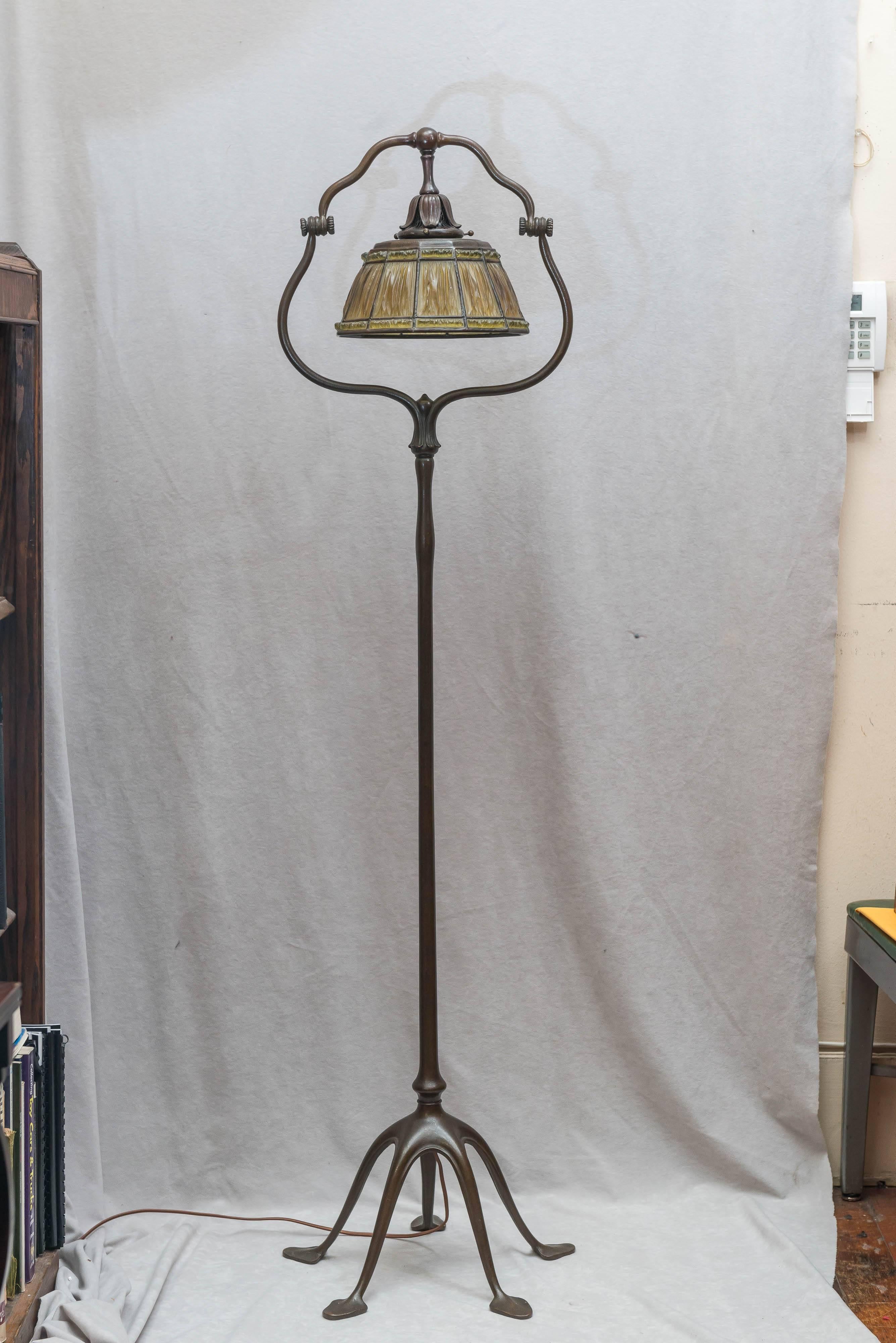 American Signed Original Tiffany Studios Harp Style Floor Lamp with Linenfold Shade