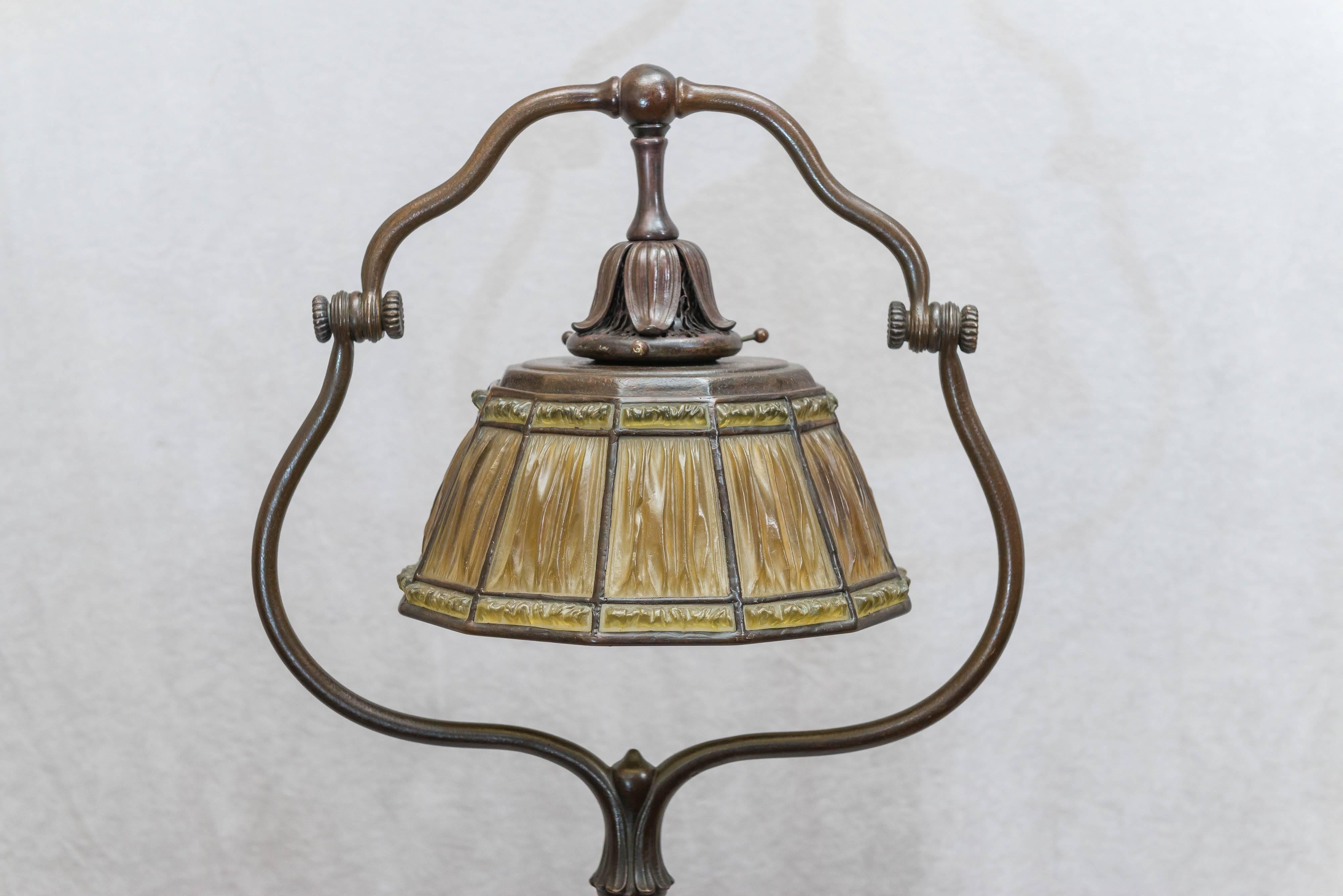 Patinated Signed Original Tiffany Studios Harp Style Floor Lamp with Linenfold Shade