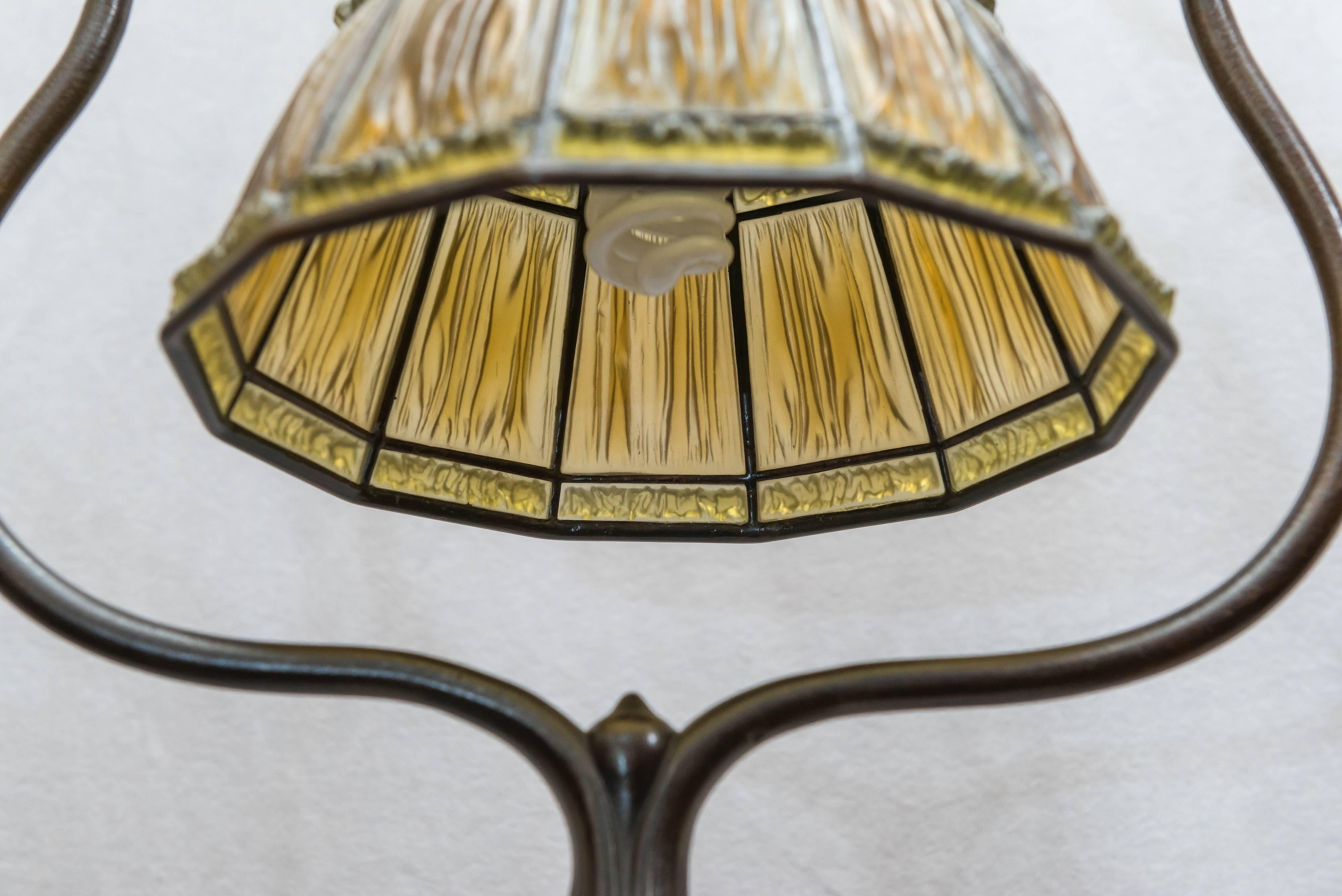 Signed Original Tiffany Studios Harp Style Floor Lamp with Linenfold Shade In Excellent Condition In Petaluma, CA