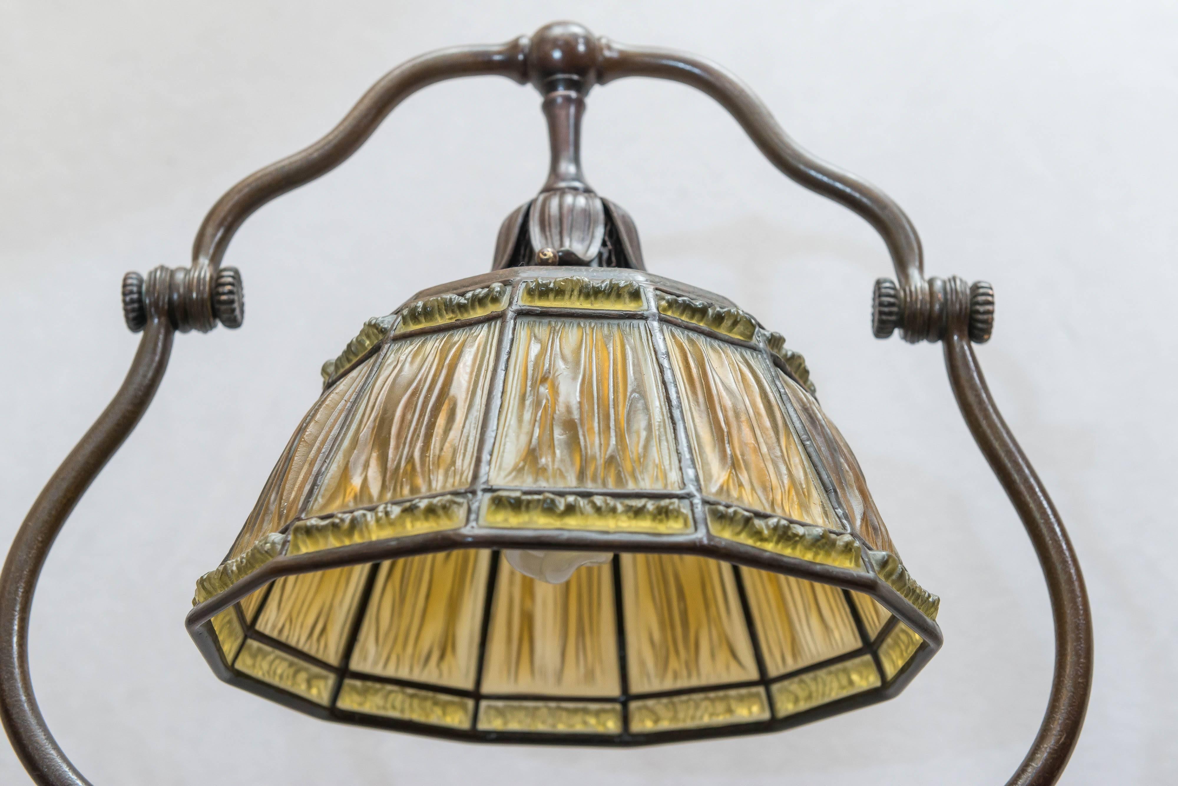 20th Century Signed Original Tiffany Studios Harp Style Floor Lamp with Linenfold Shade