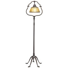 Signed Original Tiffany Studios Harp Style Floor Lamp with Linenfold Shade