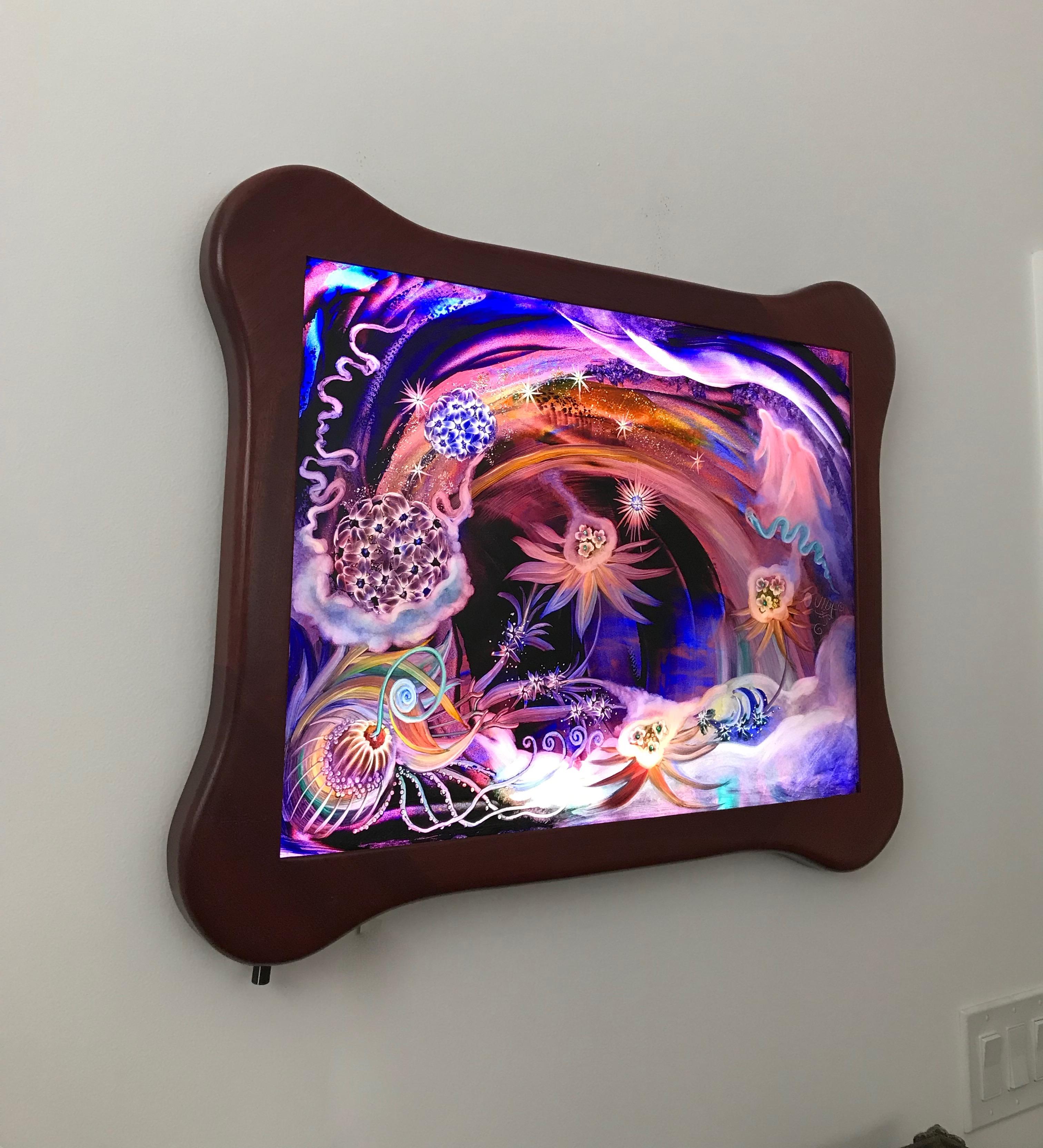 This gorgeous signed original Ulla Darni flat glass painting is reverse painted on glass with wood frame. Ulla starts with a blank glass surface to paint on. She uses vibrant colors that pop off the glass, making it feel like the painting is alive.