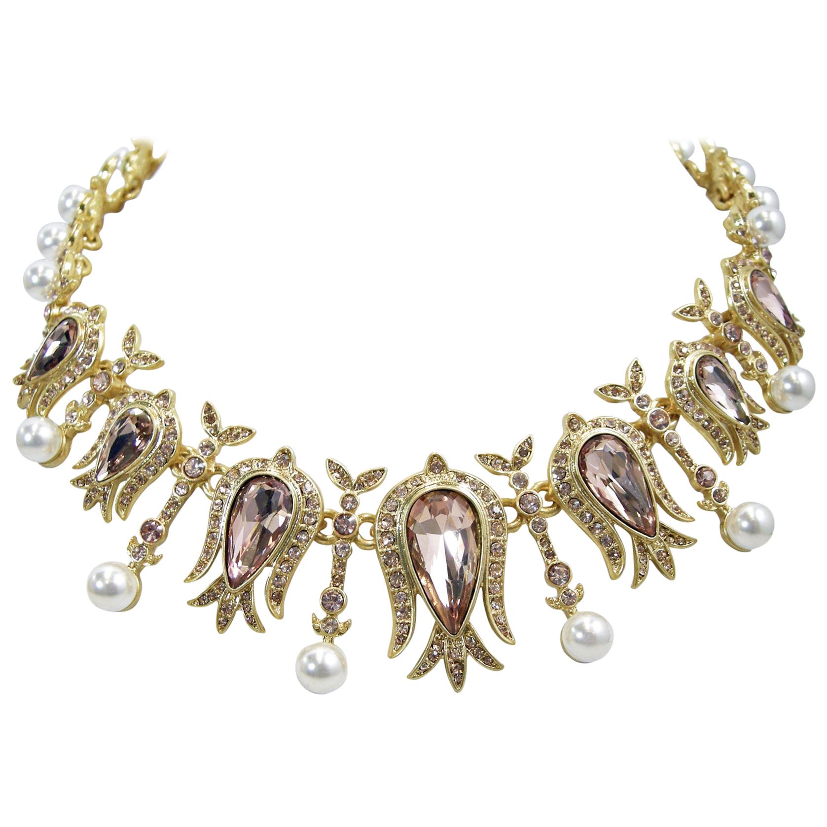 Signed Oscar de la Renta Faux Pearl, Amethyst & Clear Crystal Necklace For Sale