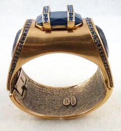 Signed Oscar de La Renta Golden Blue Crystal Modern Architectural Cuff Bracelet