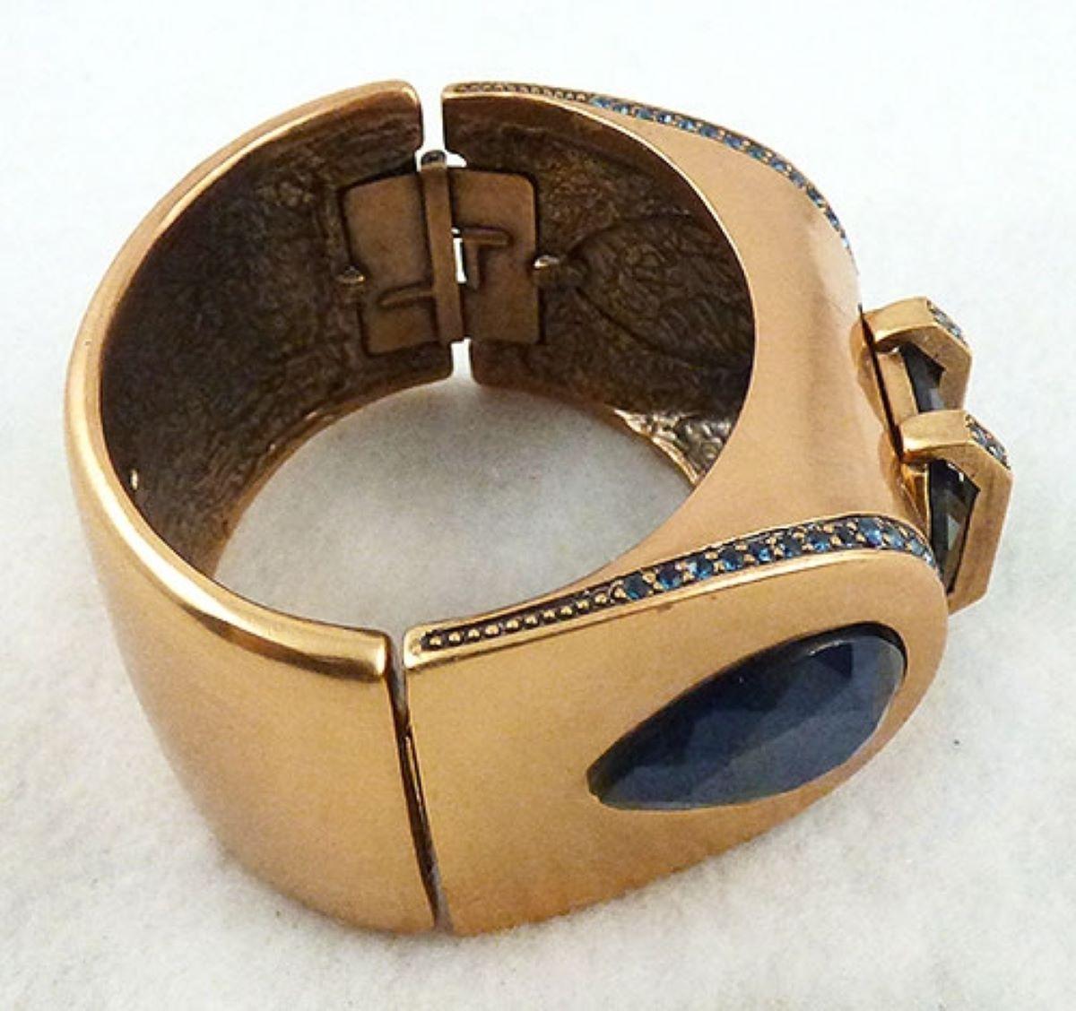 Mixed Cut Signed Oscar de La Renta Golden Blue Crystal Modern Architectural Cuff Bracelet