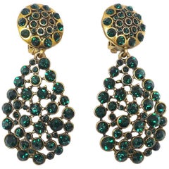 Signed Oscar de la Renta Green Rhinestone Drop Earrings
