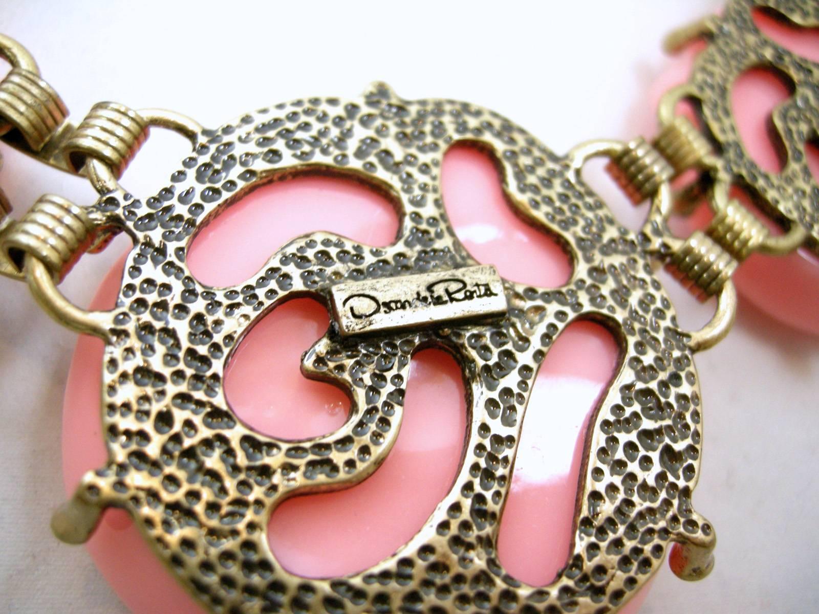 Women's Signed Oscar de la Renta Pink Camellia Runway Necklace & Earrings Set