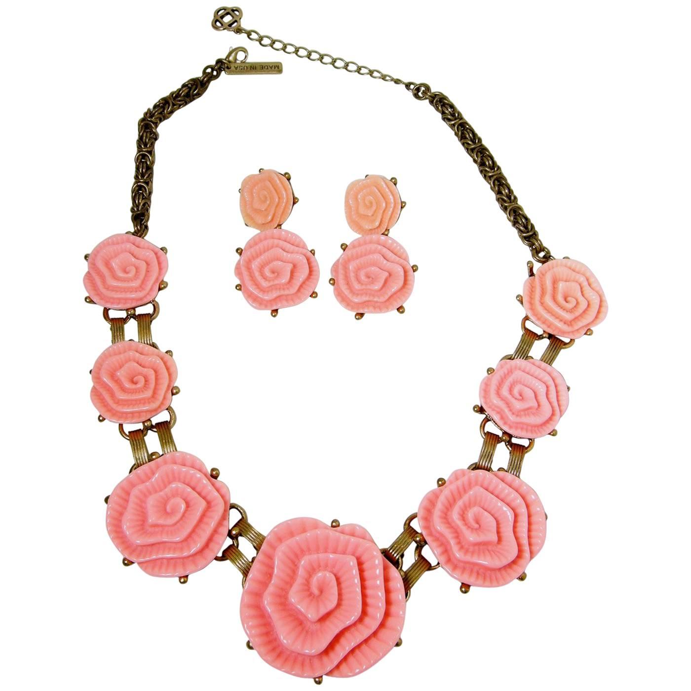 Signed Oscar de la Renta Pink Camellia Runway Necklace 
Earrings Set