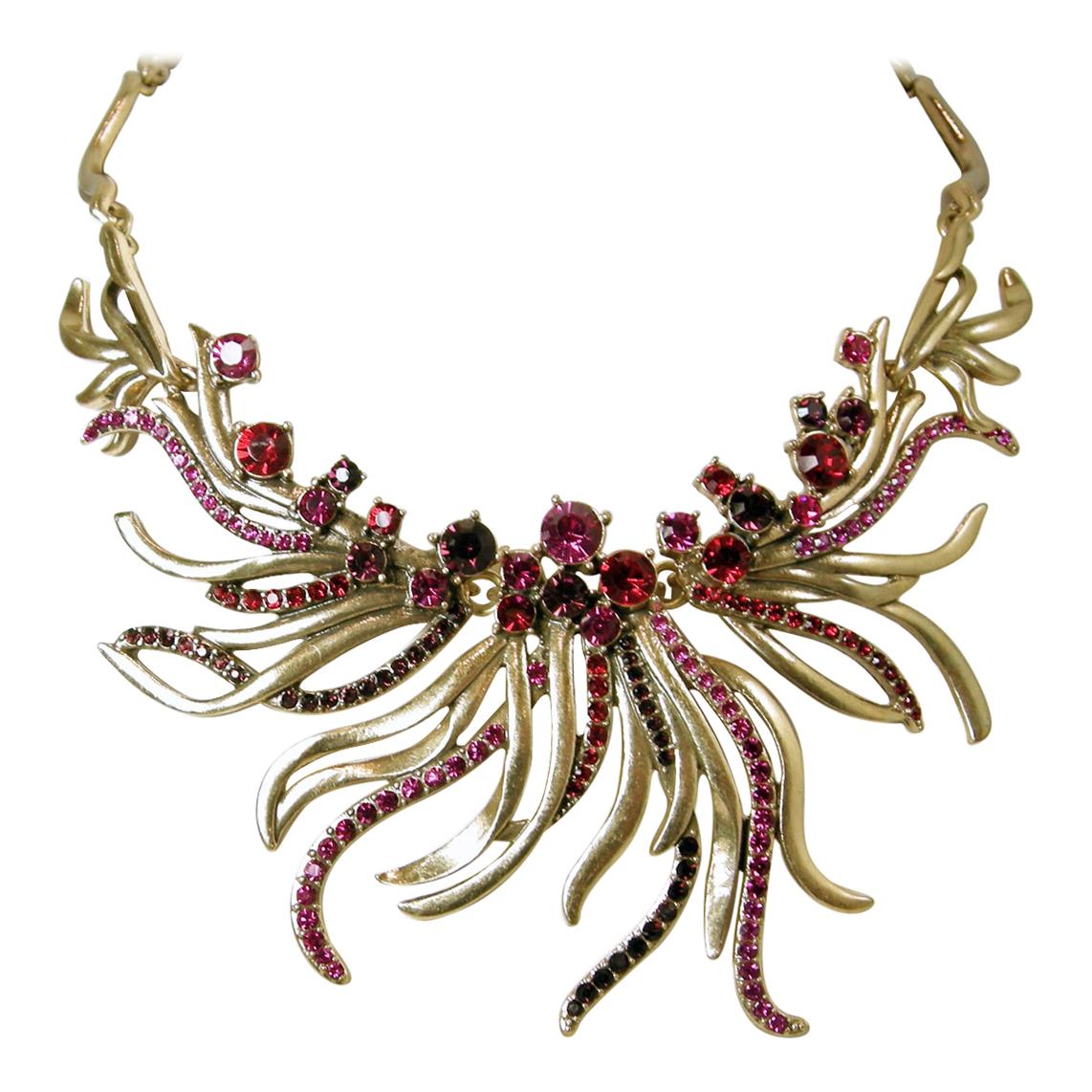 Signed Oscar de la Renta Red, Pink & Amethyst Color Crystals Bib Necklace For Sale