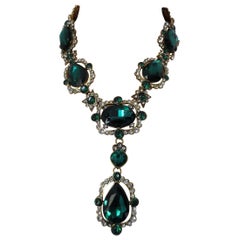 Vintage Signed Oscar De La Renta Runway Crystal Emerald Designer Runway Necklace Estate