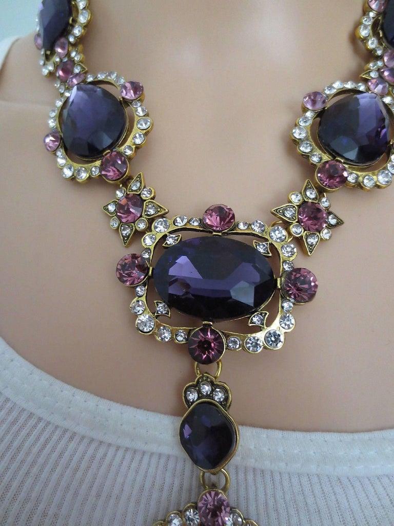 Modernist Signed Oscar De La Renta Vintage Faux Amethyst Designer Runway Necklace Estate For Sale