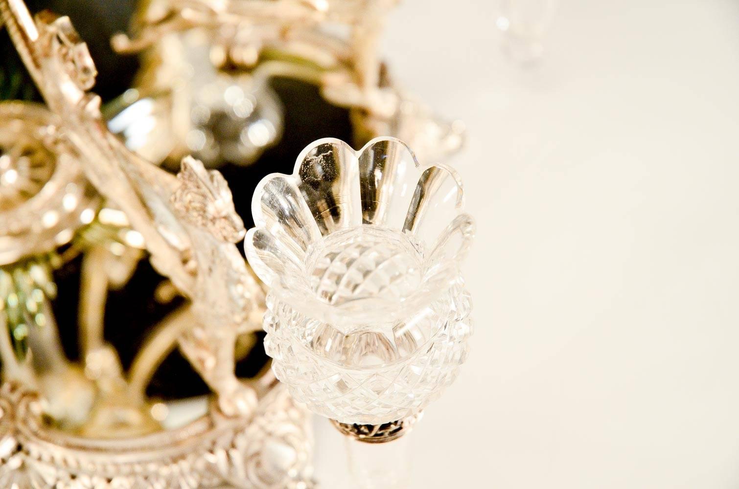 Engraved Signed Osler Epergne Silver Bronze Centerpiece w/ Winged Griffins Crystal Vases For Sale