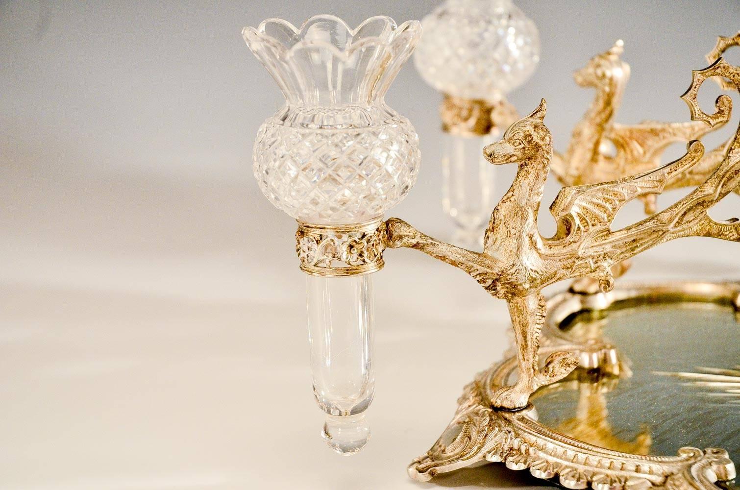 Mid-19th Century Signed Osler Epergne Silver Bronze Centerpiece w/ Winged Griffins Crystal Vases For Sale