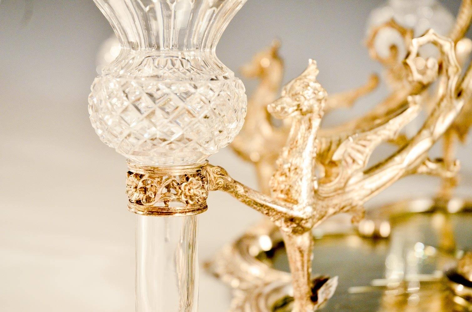 Signed Osler Epergne Silver Bronze Centerpiece w/ Winged Griffins Crystal Vases For Sale 1