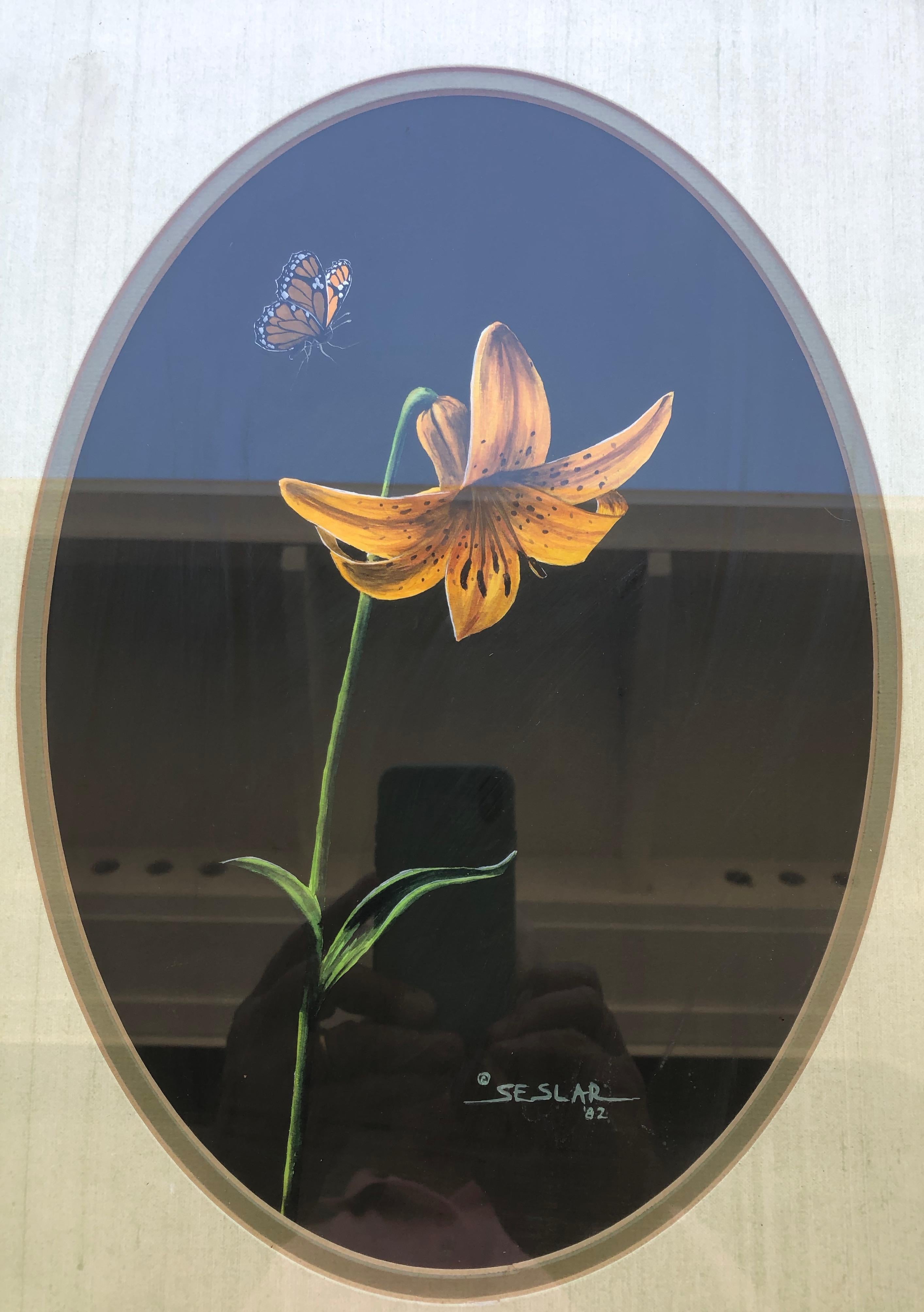 American Signed Painting by P. Seslar, Entitled the Butterfly and Lily, in Gold Frame For Sale