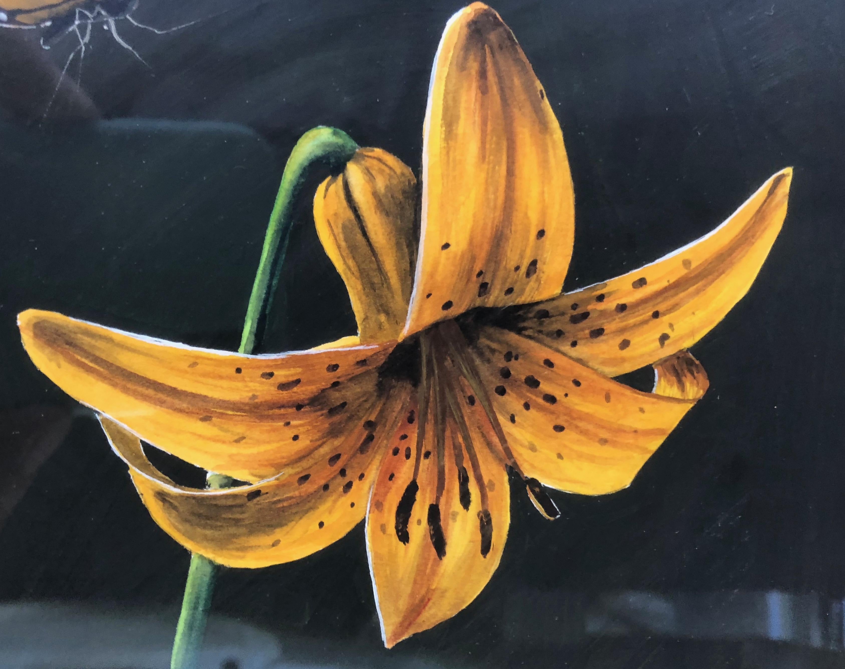 Signed Painting by P. Seslar, Entitled the Butterfly and Lily, in Gold Frame In Good Condition For Sale In Petaluma, CA