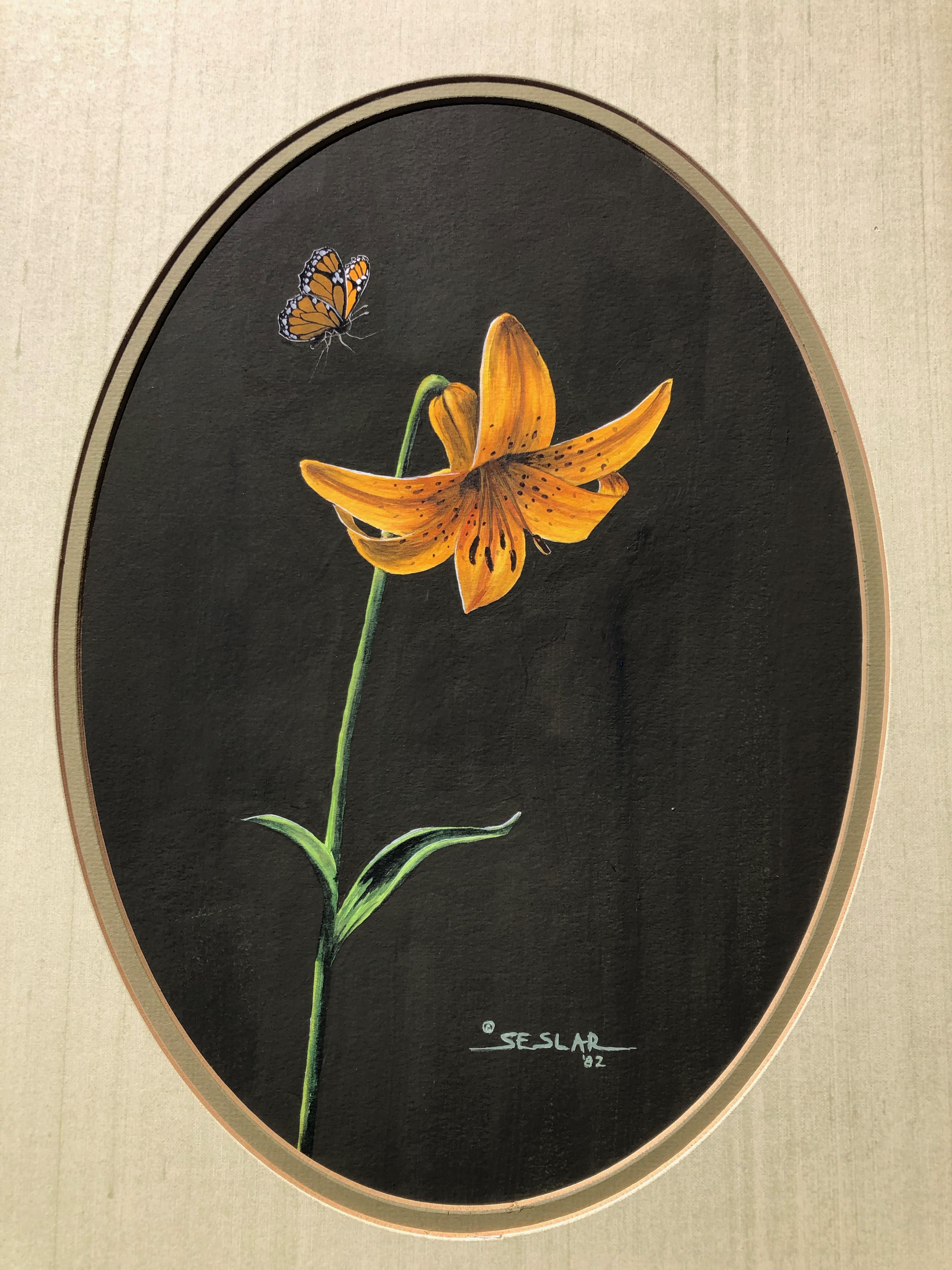 Paper Signed Painting by P. Seslar, Entitled the Butterfly and Lily, in Gold Frame For Sale