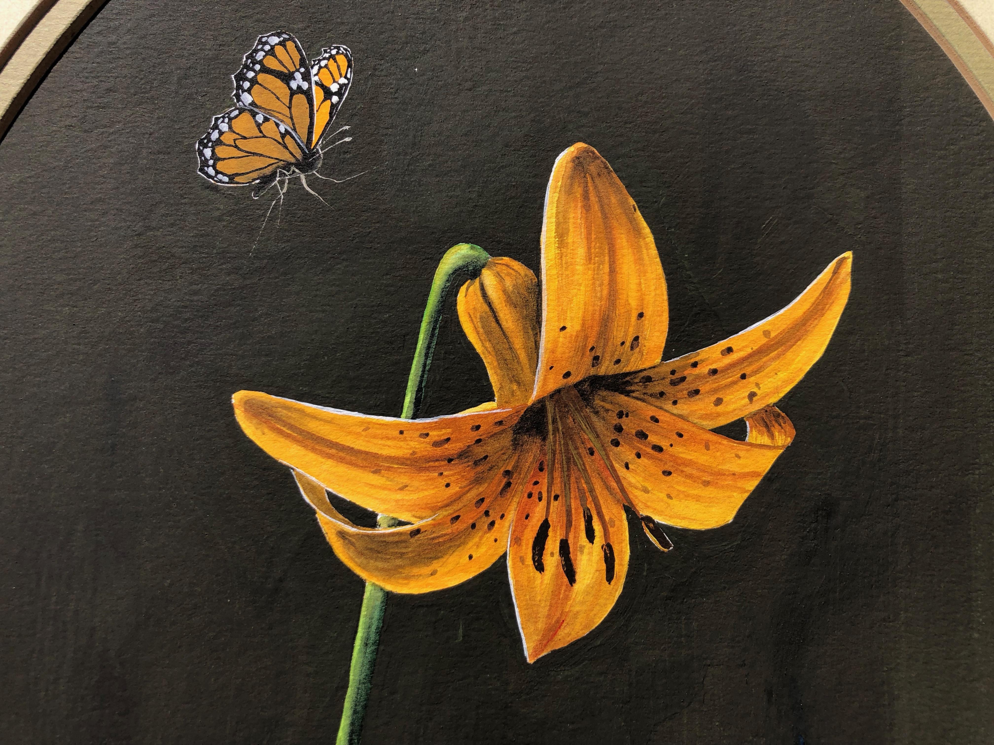 Signed Painting by P. Seslar, Entitled the Butterfly and Lily, in Gold Frame For Sale 1