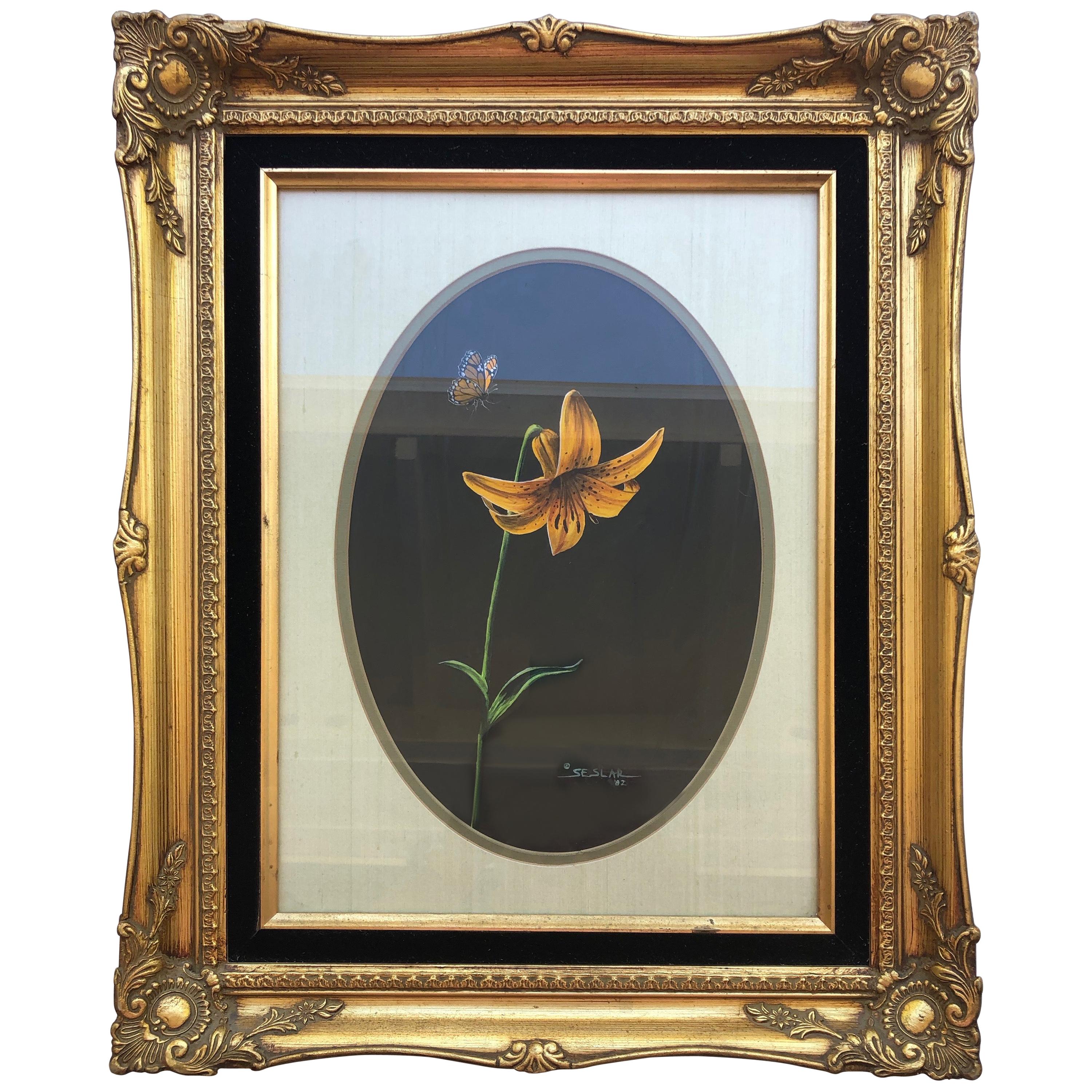 Signed Painting by P. Seslar, Entitled the Butterfly and Lily, in Gold Frame For Sale