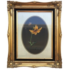 Signed Painting by P. Seslar, Entitled the Butterfly and Lily, in Gold Frame