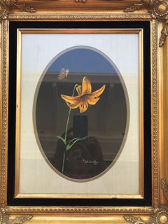 Signed Painting by P. Seslar, Entitled the Butterfly and Lily, in Gold Frame