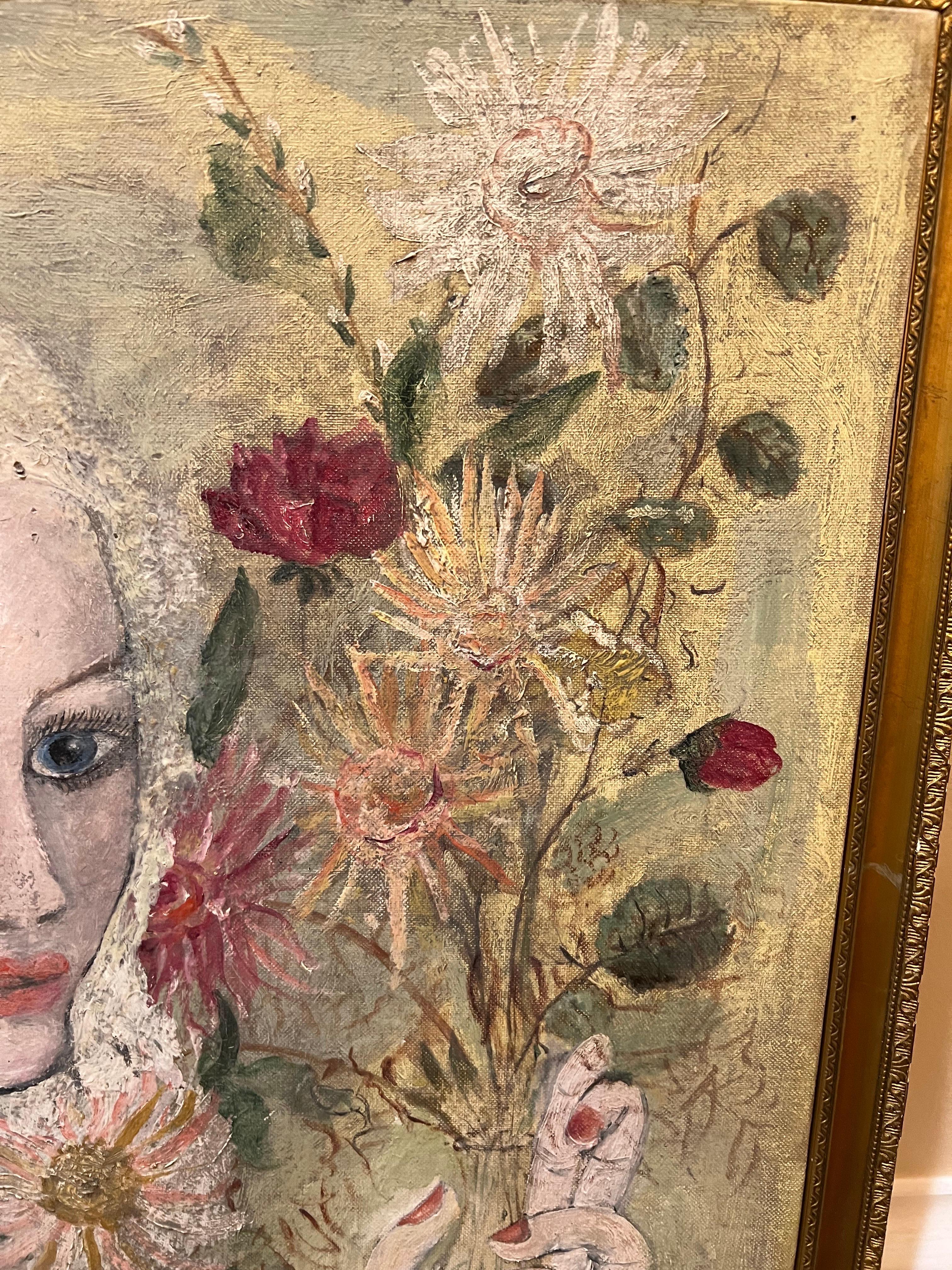 Signed Painting of a Woman with Flowers by Julie v. Cross 7