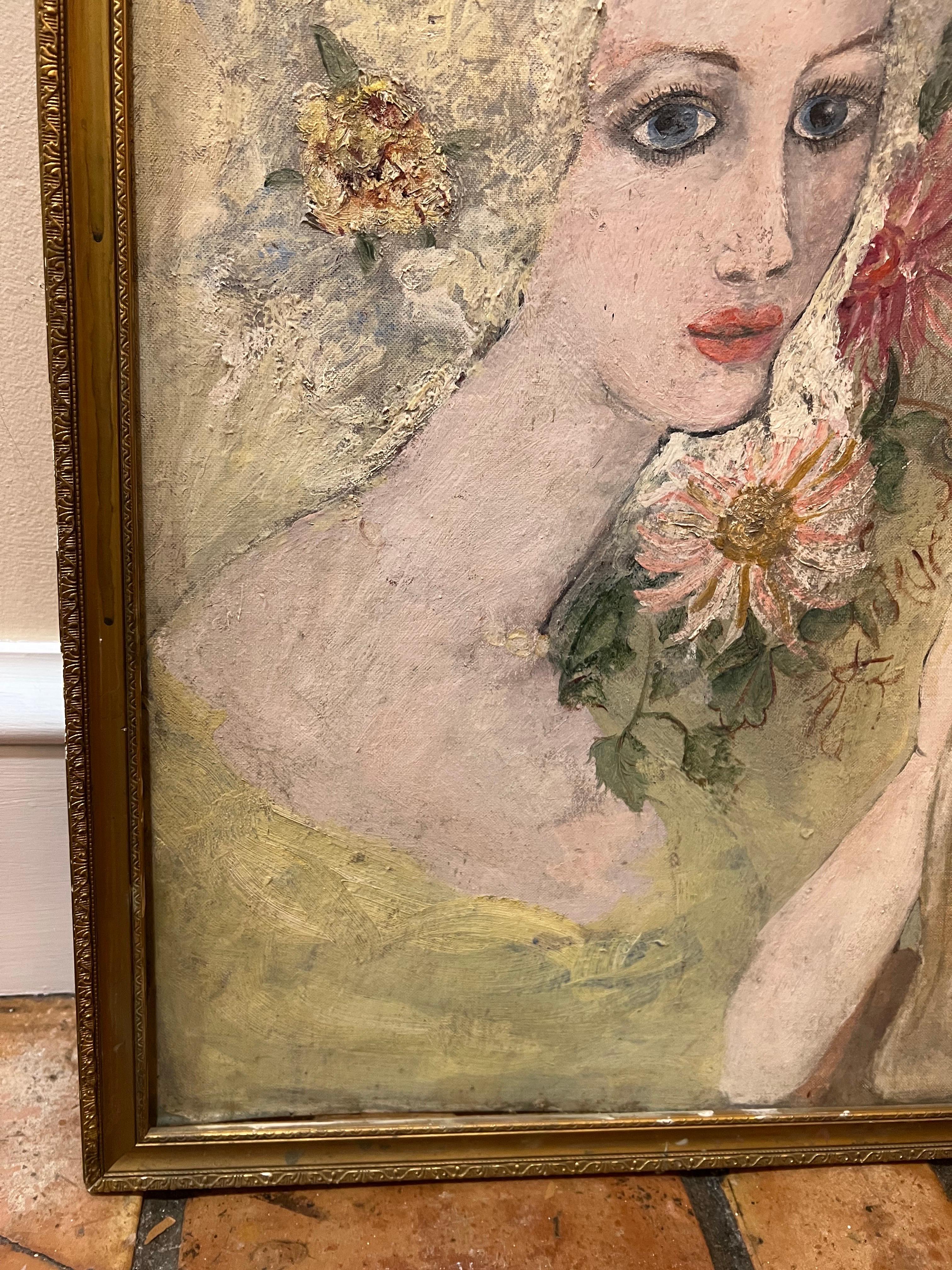 Signed Painting of a Woman with Flowers by Julie v. Cross 8