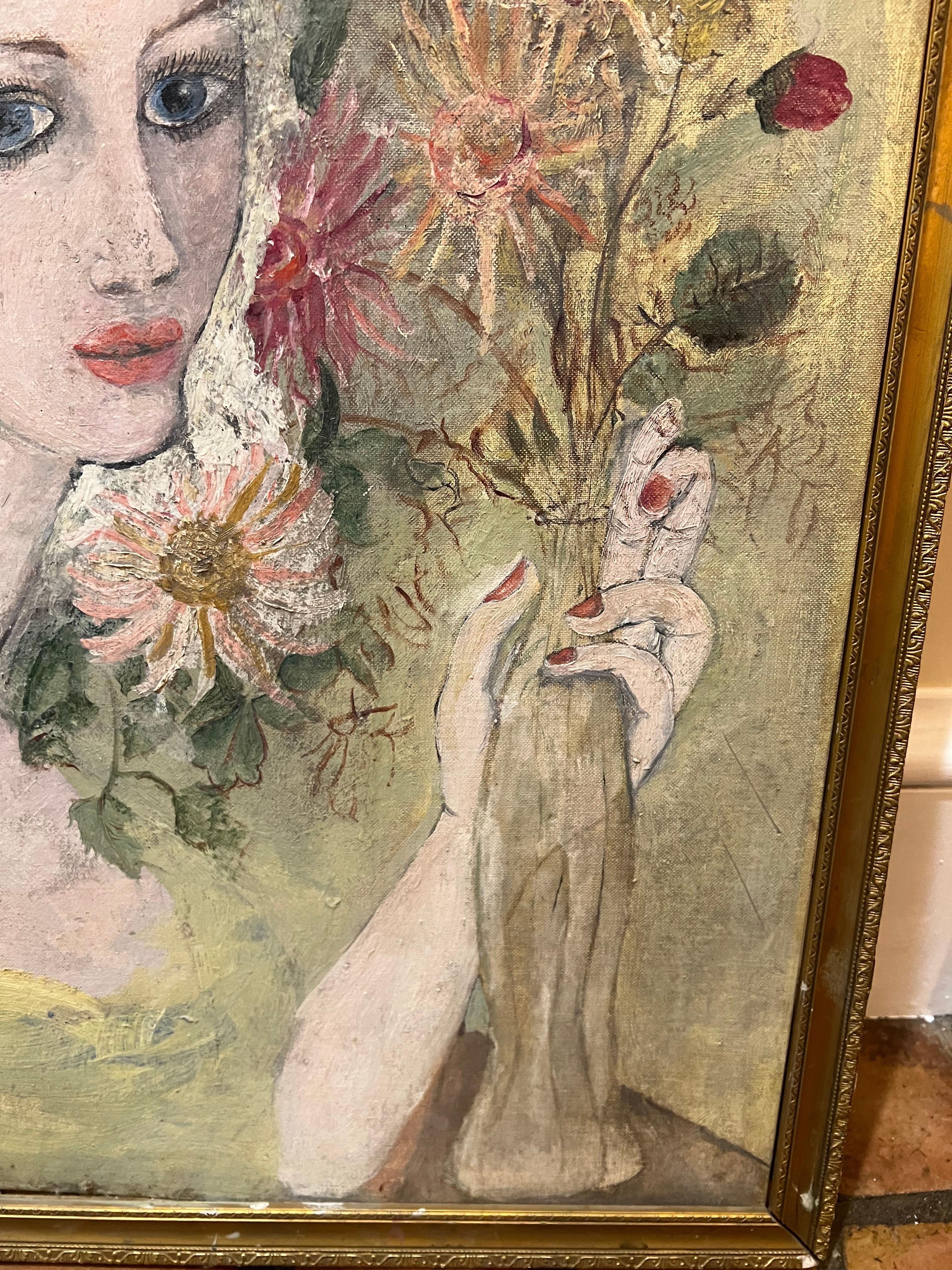 Signed Painting of a Woman with Flowers by Julie v. Cross 9
