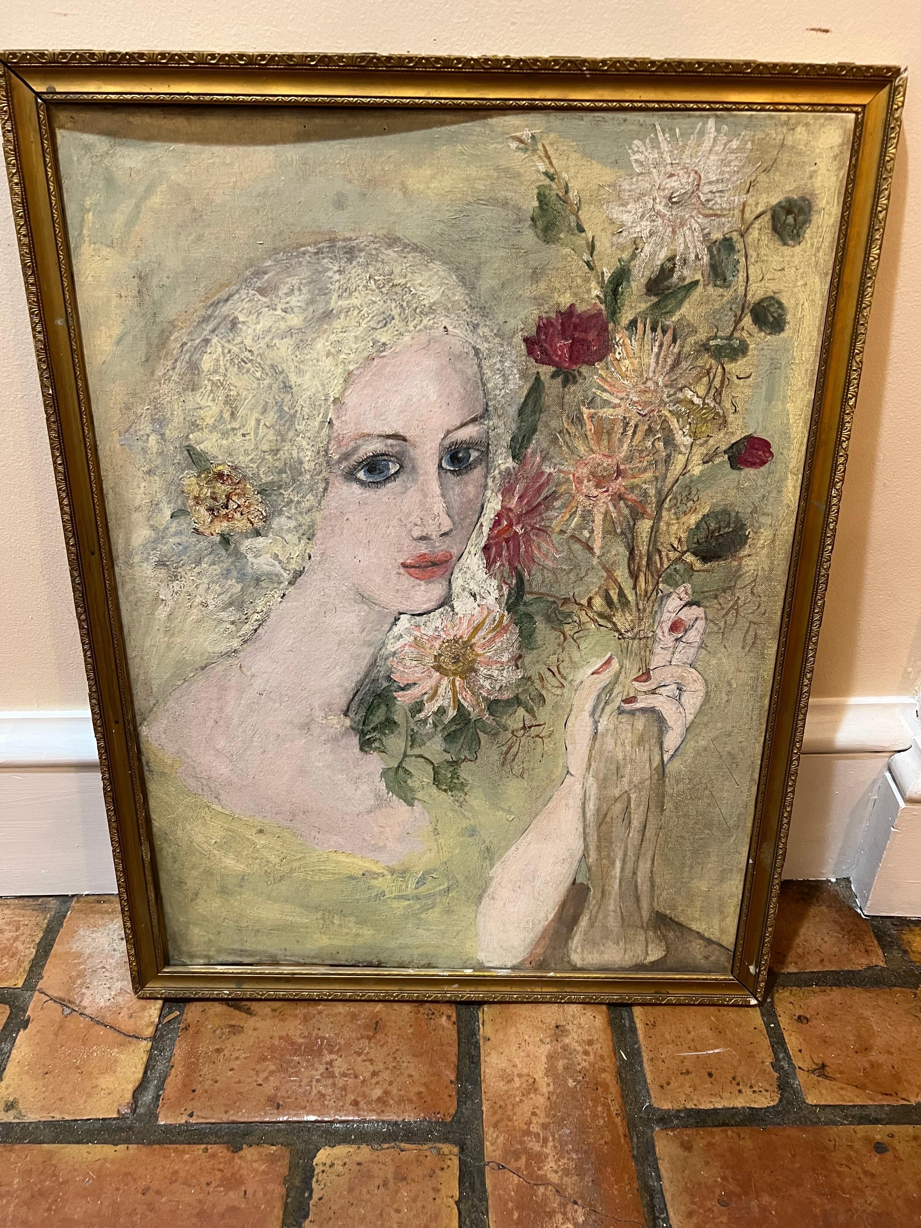 Signed painting of a woman by Julie V. Cross. Oil on board. Romantic style. Marked on the back that this piece was exhibited at the ACA Gallery at 63 East 57th Street NYC where she was a student.
This item will ship domestically via parcel for $29.