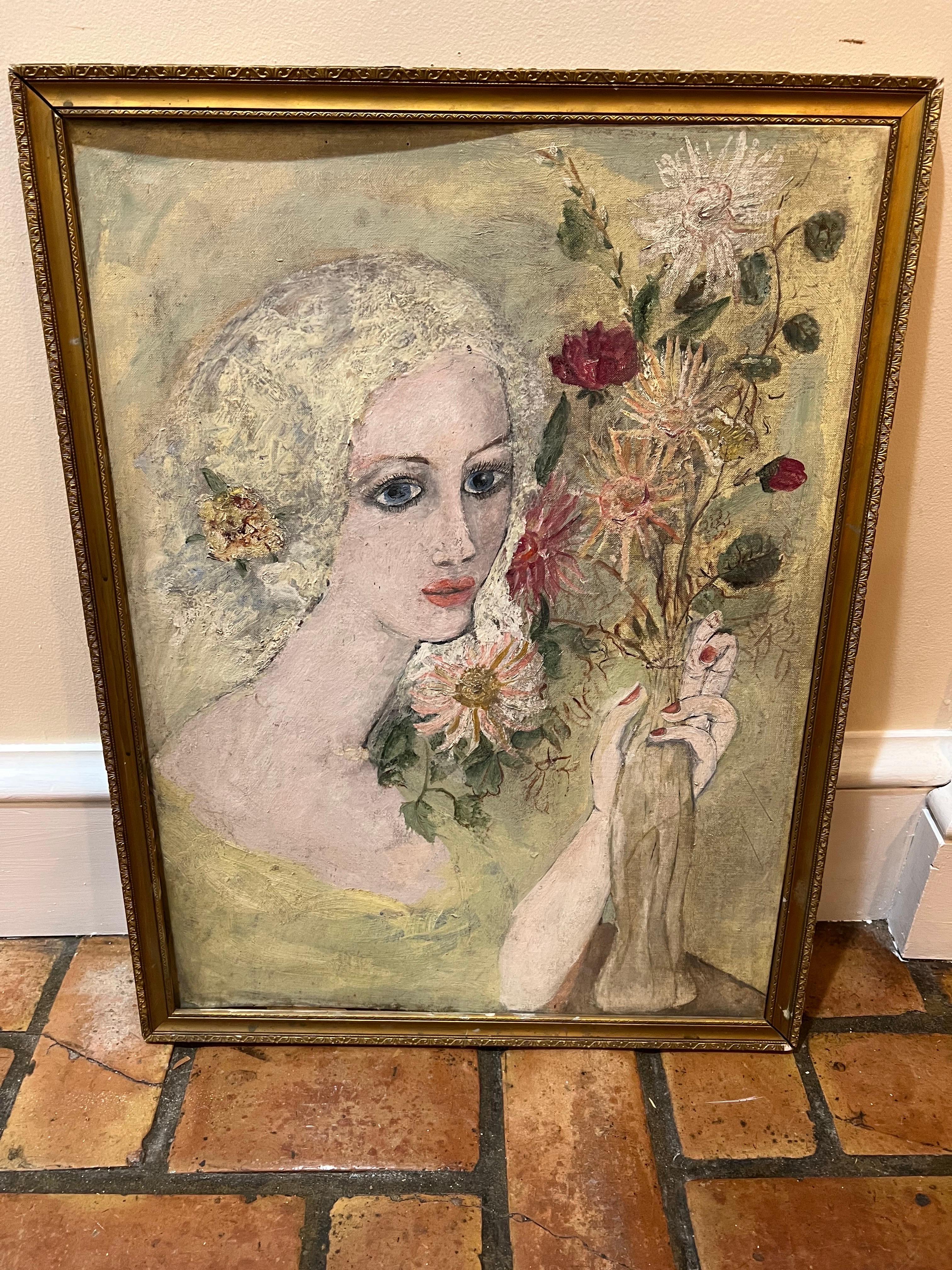Romantic Signed Painting of a Woman with Flowers by Julie v. Cross