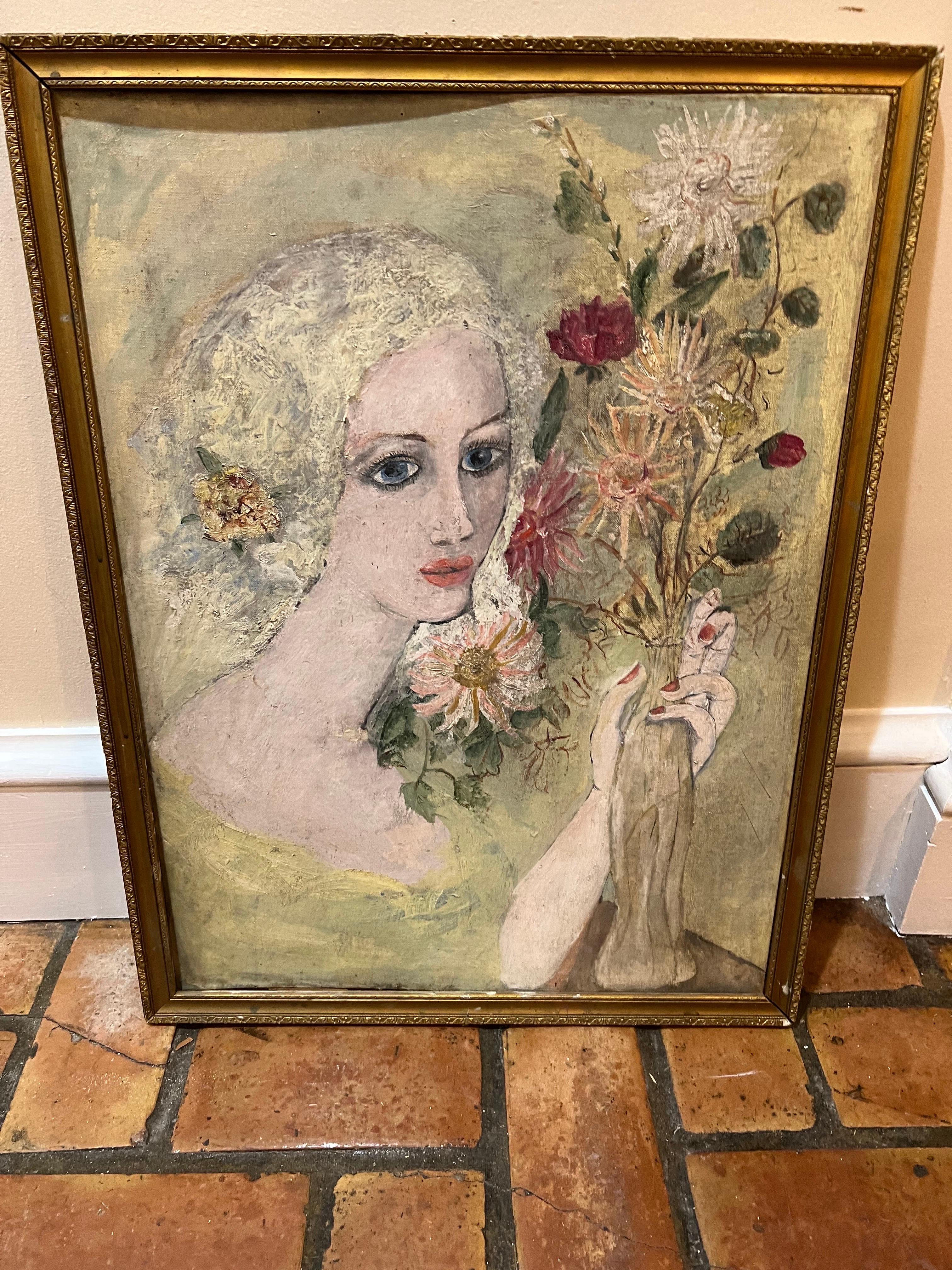 Signed Painting of a Woman with Flowers by Julie v. Cross In Good Condition In Redding, CT