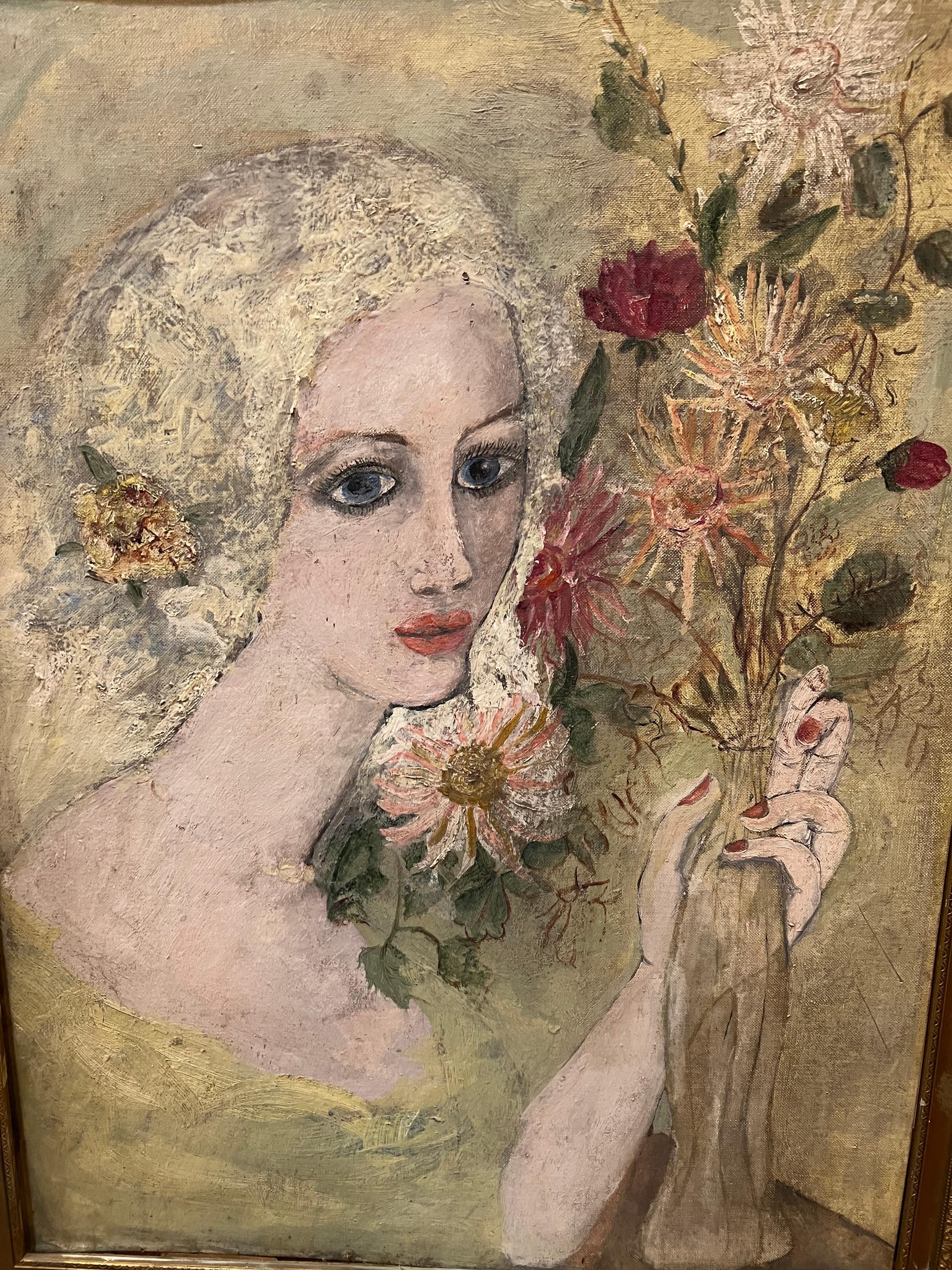 Mid-20th Century Signed Painting of a Woman with Flowers by Julie v. Cross