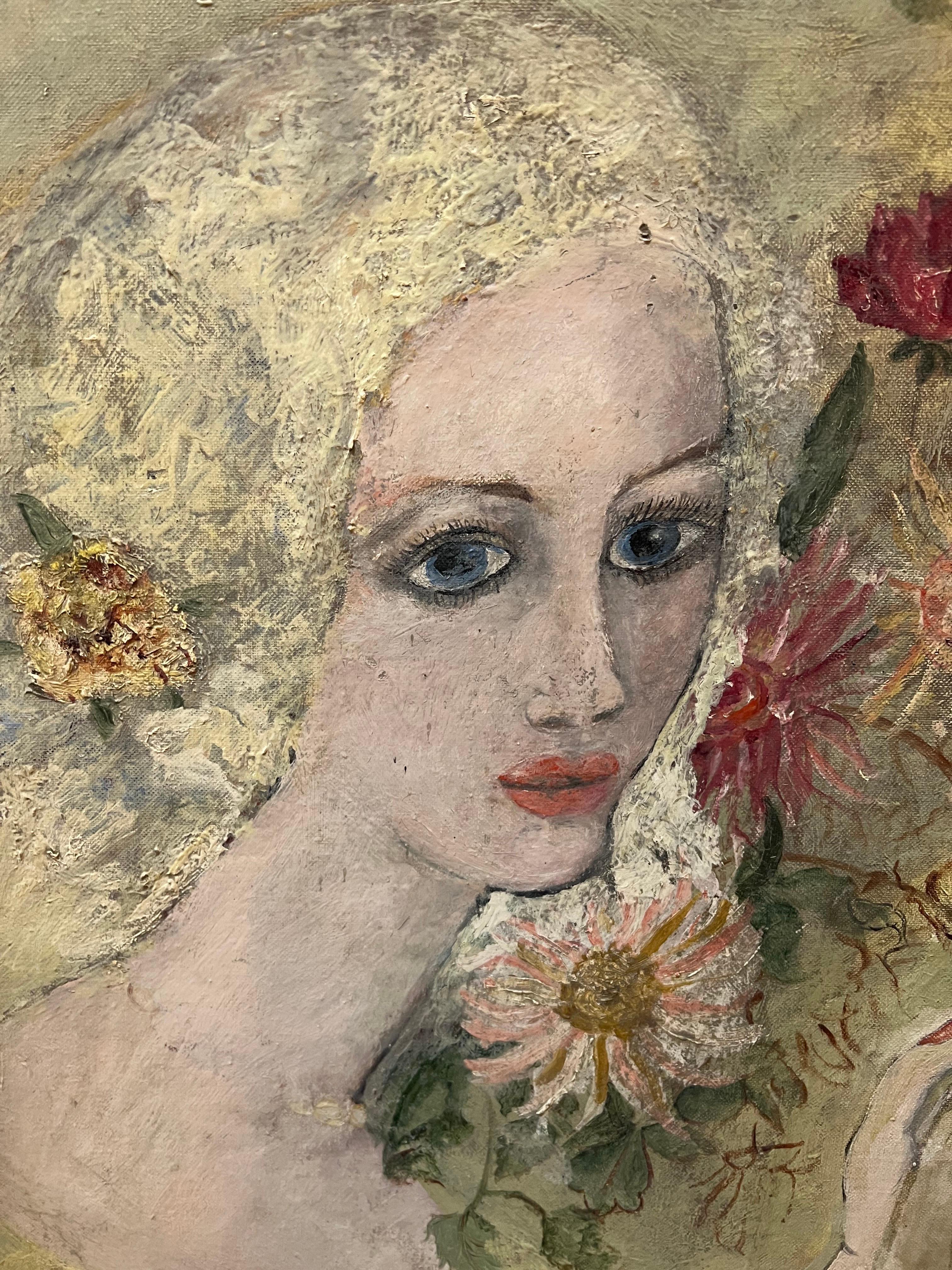 Canvas Signed Painting of a Woman with Flowers by Julie v. Cross