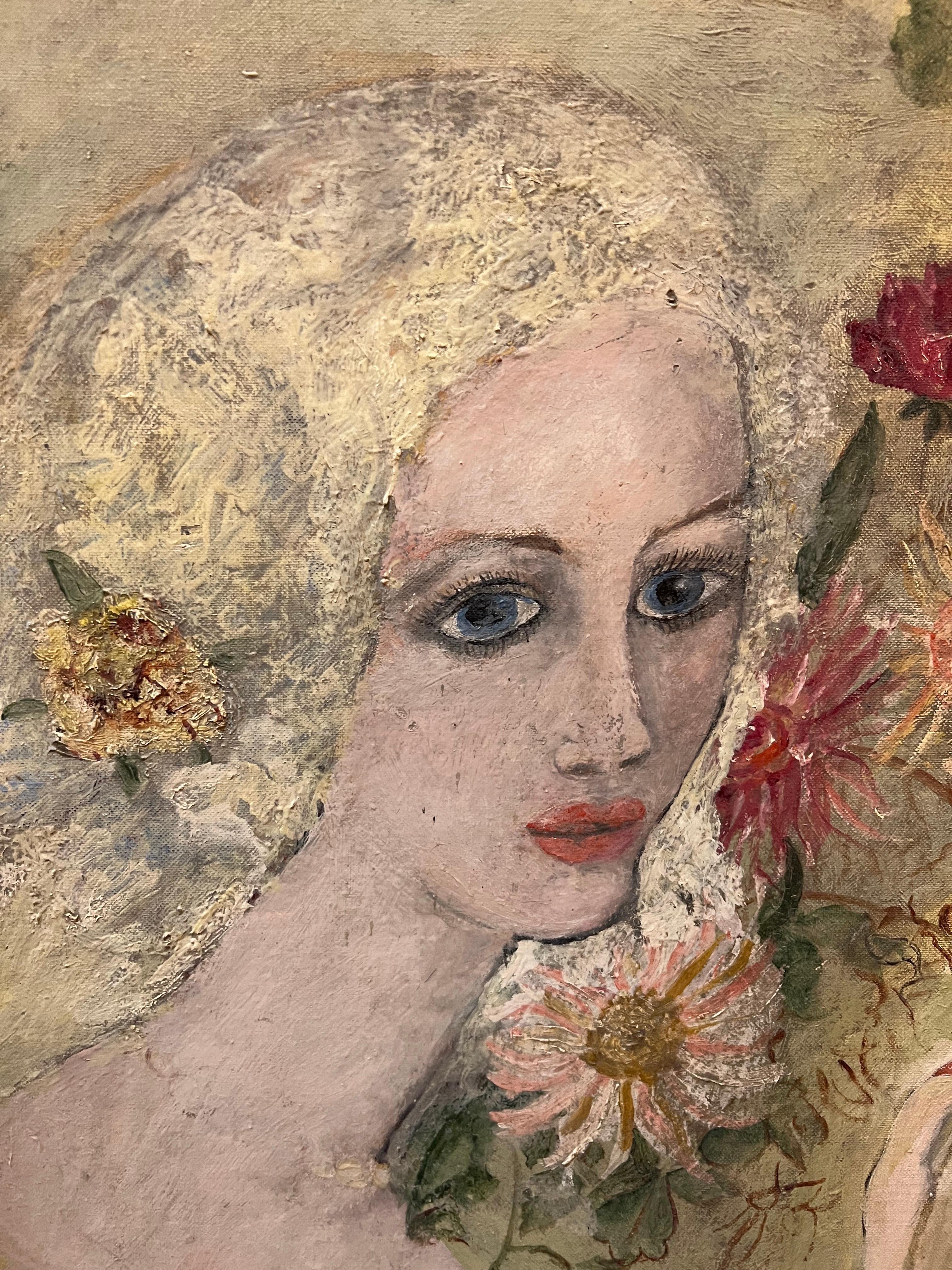 Signed Painting of a Woman with Flowers by Julie v. Cross 1