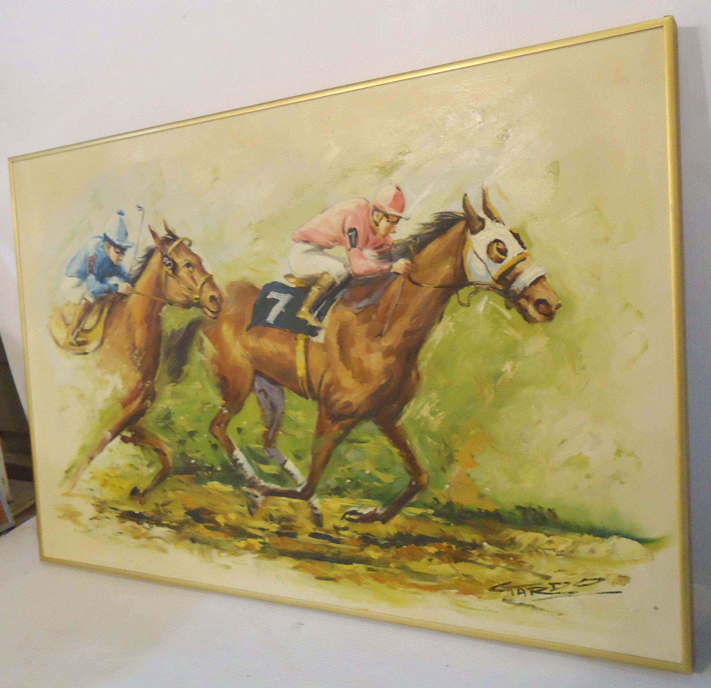 Quadro vintage di una corsa di cavalli firmato dall'artista.
(Si prega di confermare la posizione dell'articolo - NY o NJ - con il rivenditore). 
   