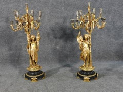Signed Pair of a. Carrier Belleuse Bronze Figural Candelabras on Slate Bases